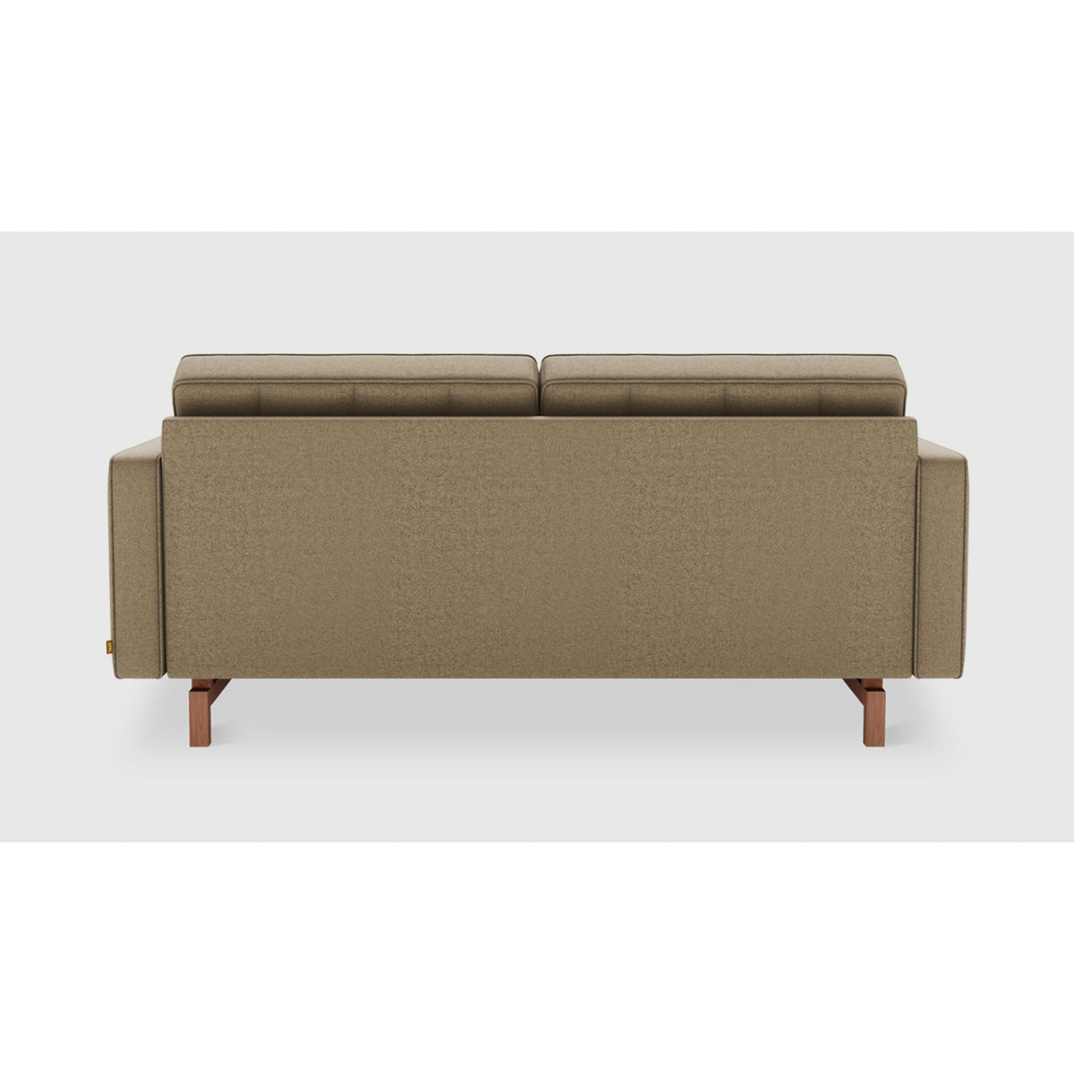 Jane 2 Loft Sofa by Gus* in taupe upholstery, rear view showing the fully upholstered back and inset wood base