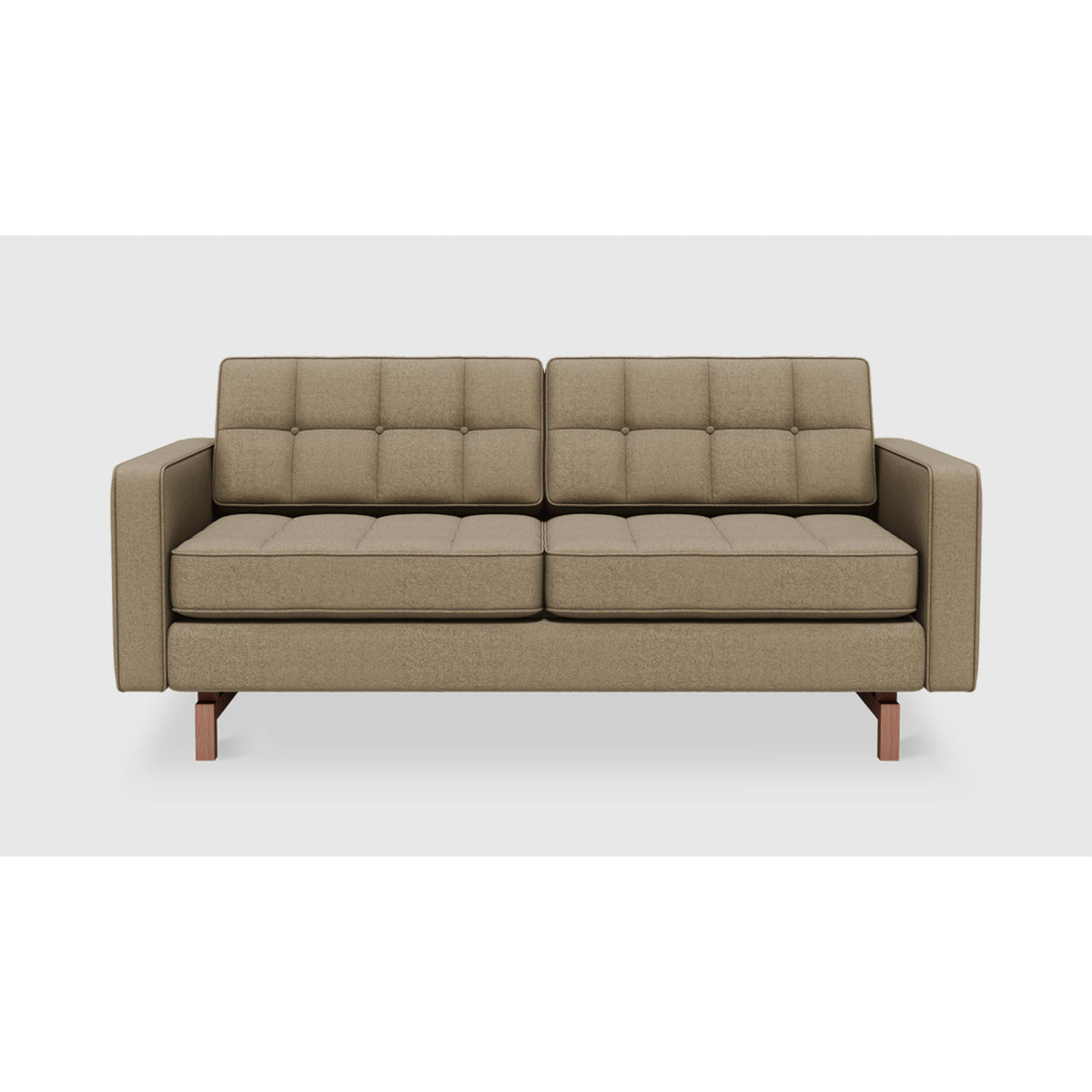 Jane 2 Loft Sofa by Gus* in taupe upholstery, front view showing button-tufted cushions and piped edges