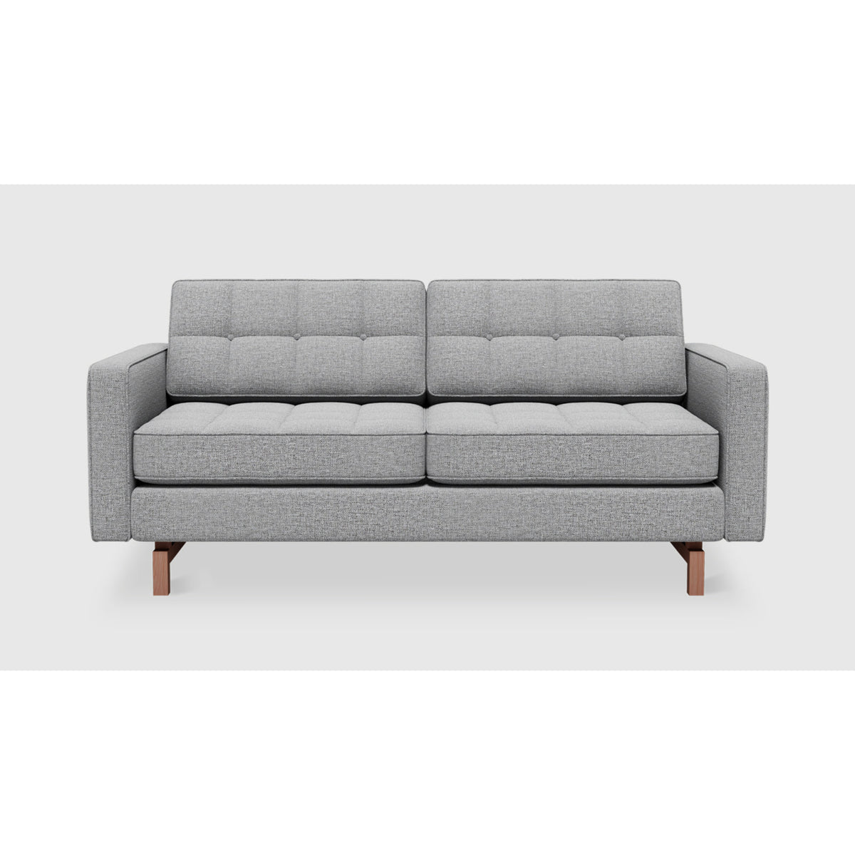 Jane 2 Loft Sofa by Gus* in gray upholstery, front view showing button-tufted cushions and piped edges