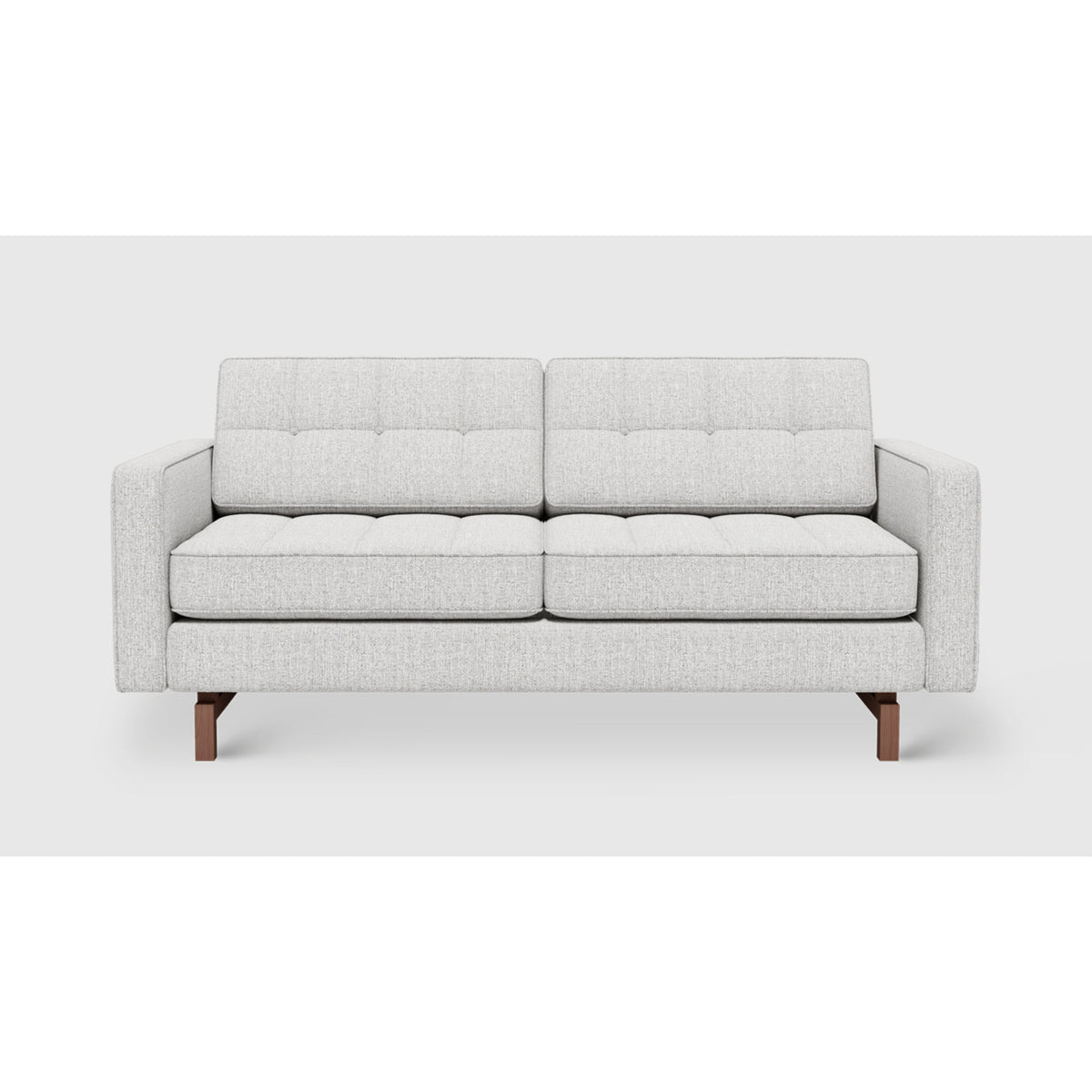 Jane 2 Loft Sofa by Gus* in light gray upholstery, front view showing button-tufted cushions and piped edges