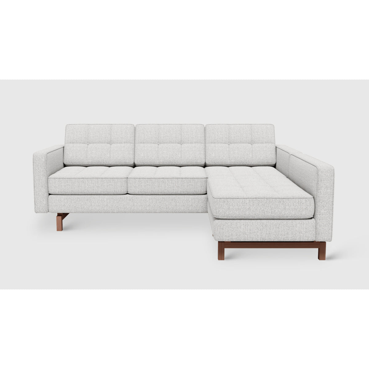 Jane 2 Loft Bi-Sectional by Gus* — Robarts Sauble upholstery, Walnut base and chaise at right in front view