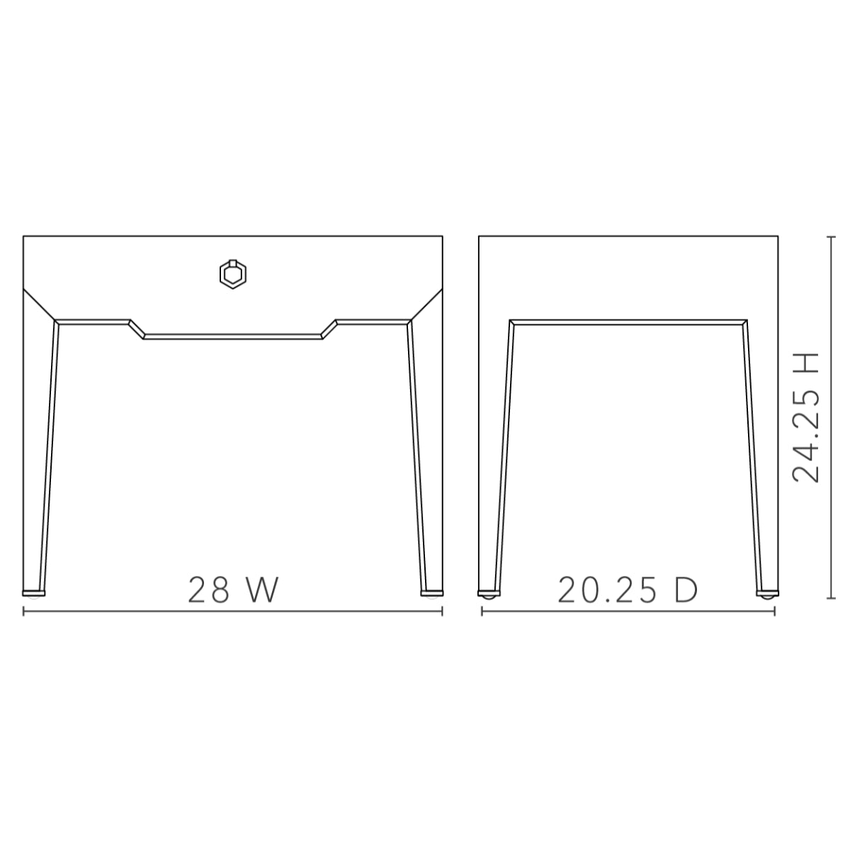 Madeline 1-Drawer Side Table by Villa & House — dimensions diagram: 28 in. wide, 20.25 in. deep, 24.25 in. high
