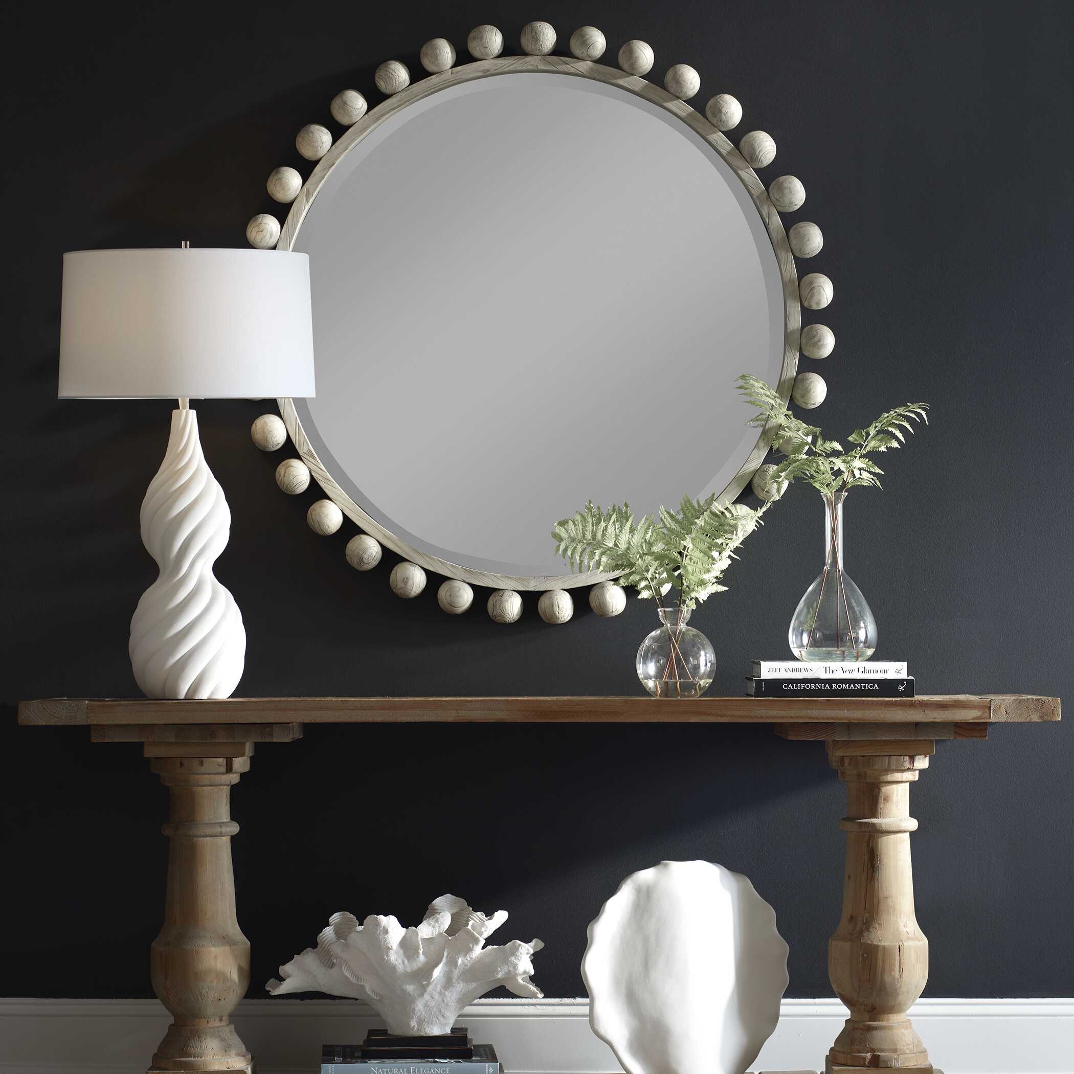 Uttermost Cyra Wood Round Mirror - Aged Ivory