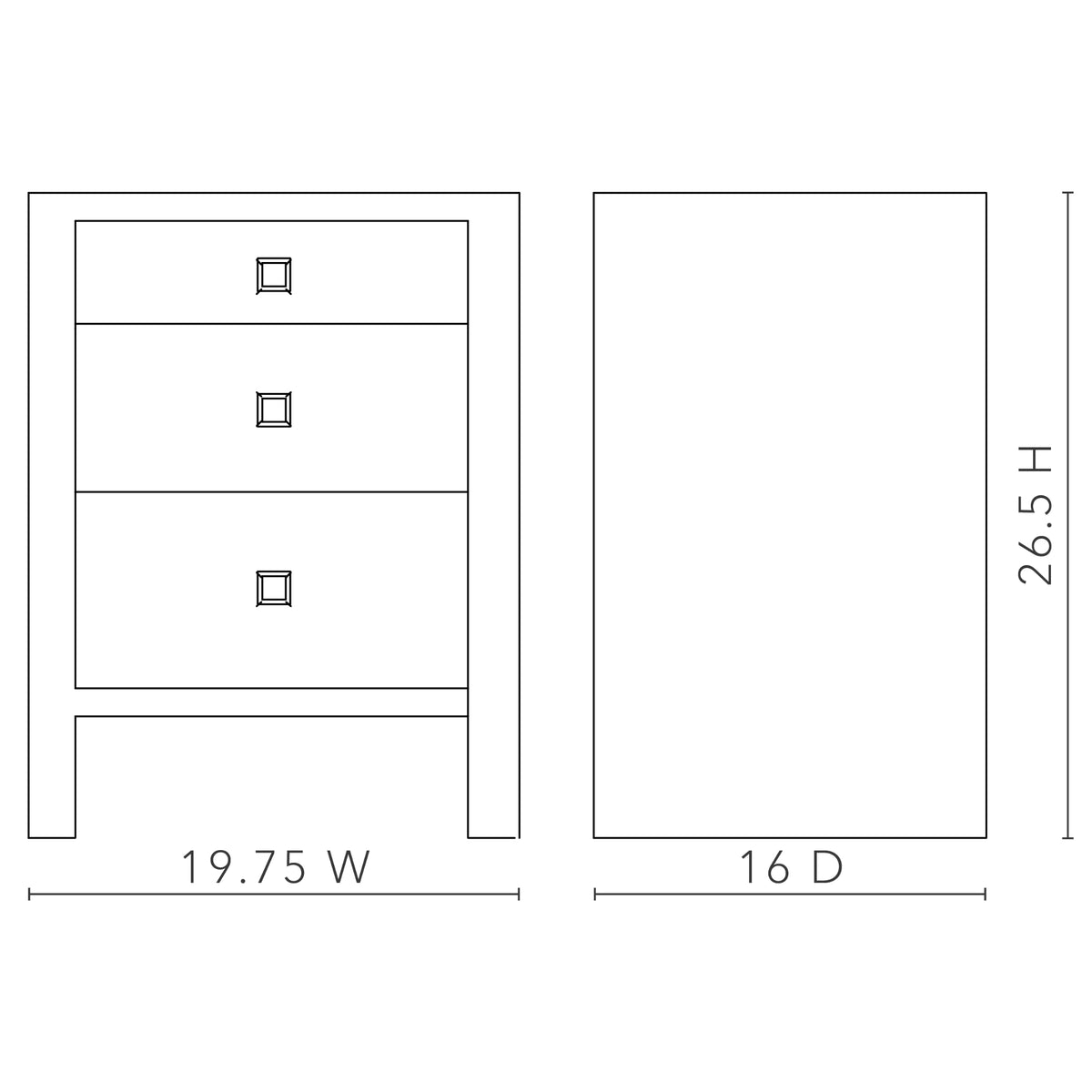 Morgan 3-Drawer Side Table — dimensions: 19.75 inches wide, 16 deep and 26.5 high