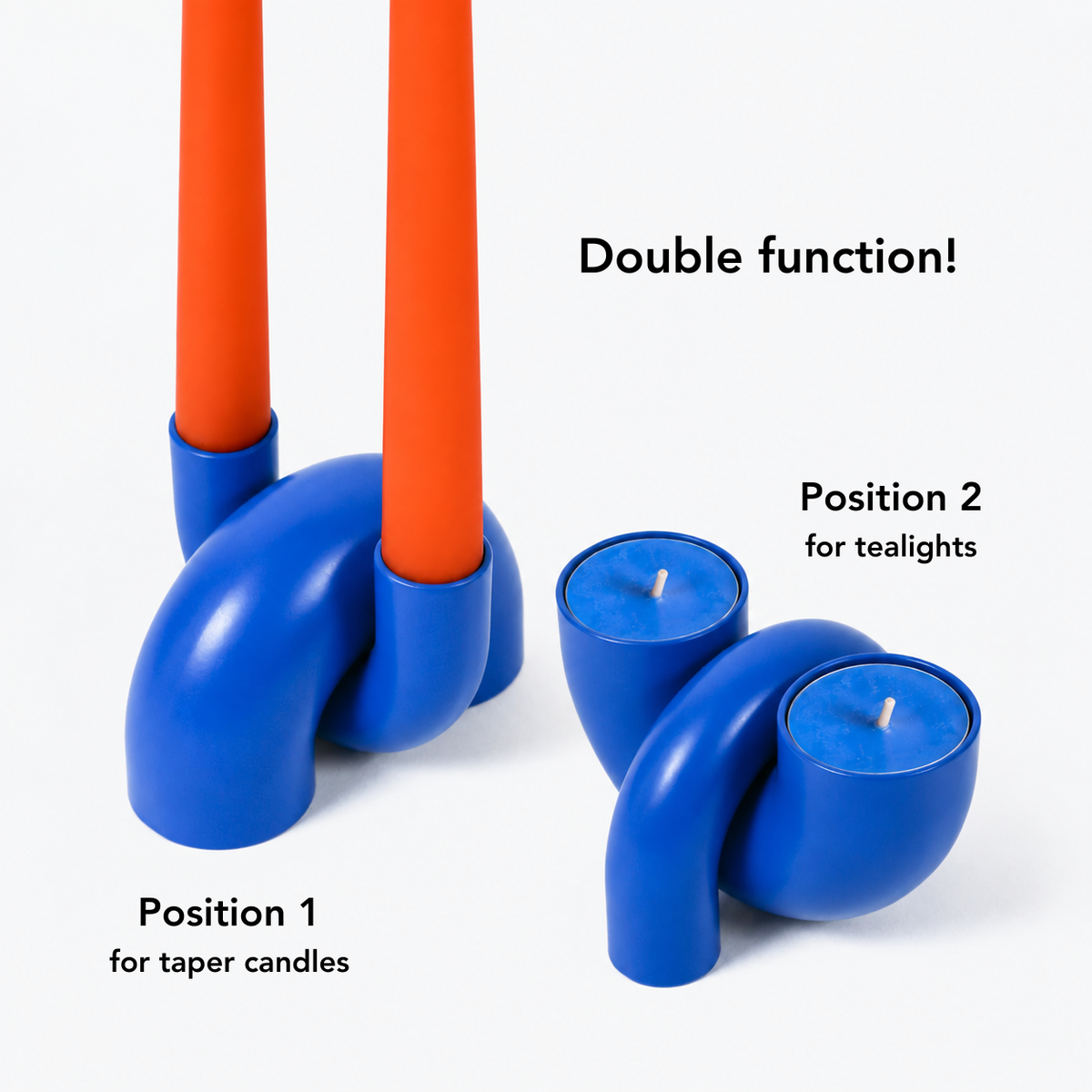 Macaroni 2-in-1 Candleholder - Tapers & Tealights - Royal Blue by 54Celsius — labeled diagram showing taper and tealight positions.