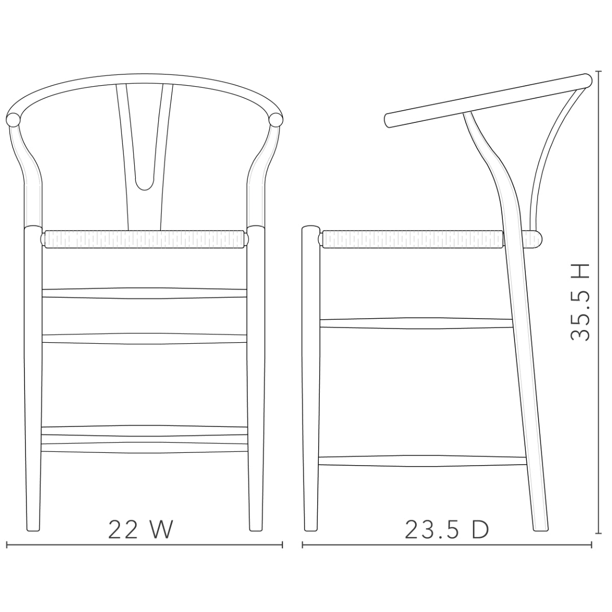 Oslo Counter Stool dimensional diagram showing 22-inch width, 23.5-inch depth and 35.5-inch height.