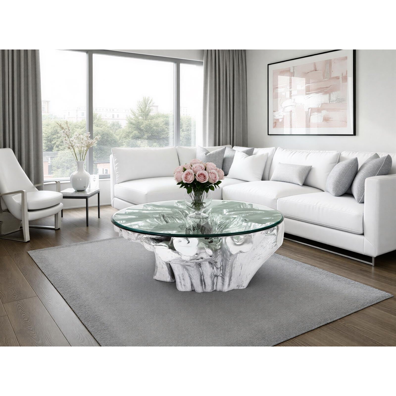 Abyss Cast Root Coffee Table with Glass - Silver Leaf