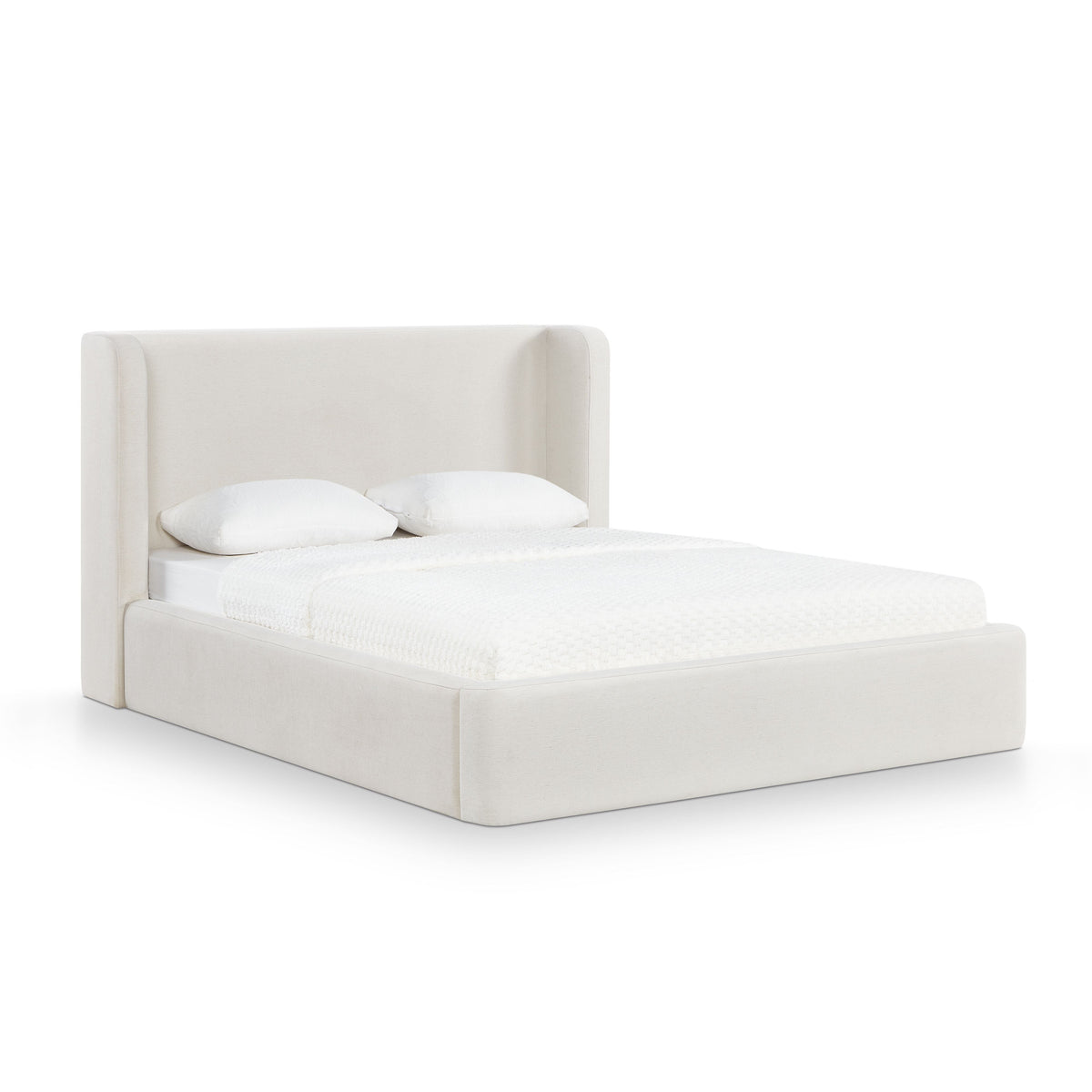 Harmony Performance Chenille Storage Bed — cream Queen configuration, styled three-quarter view.