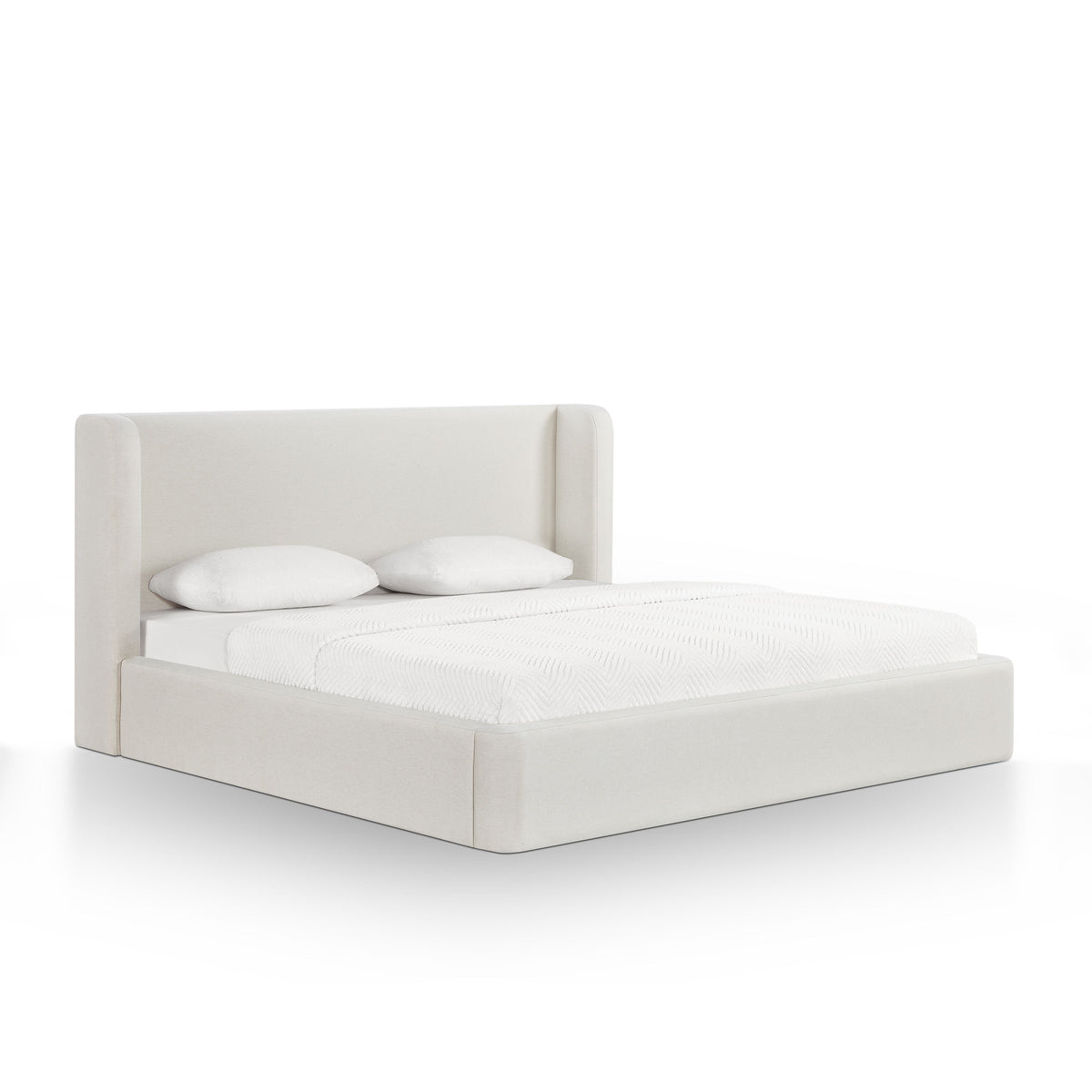 Harmony Performance Chenille Storage Bed — cream King configuration, styled three-quarter view.