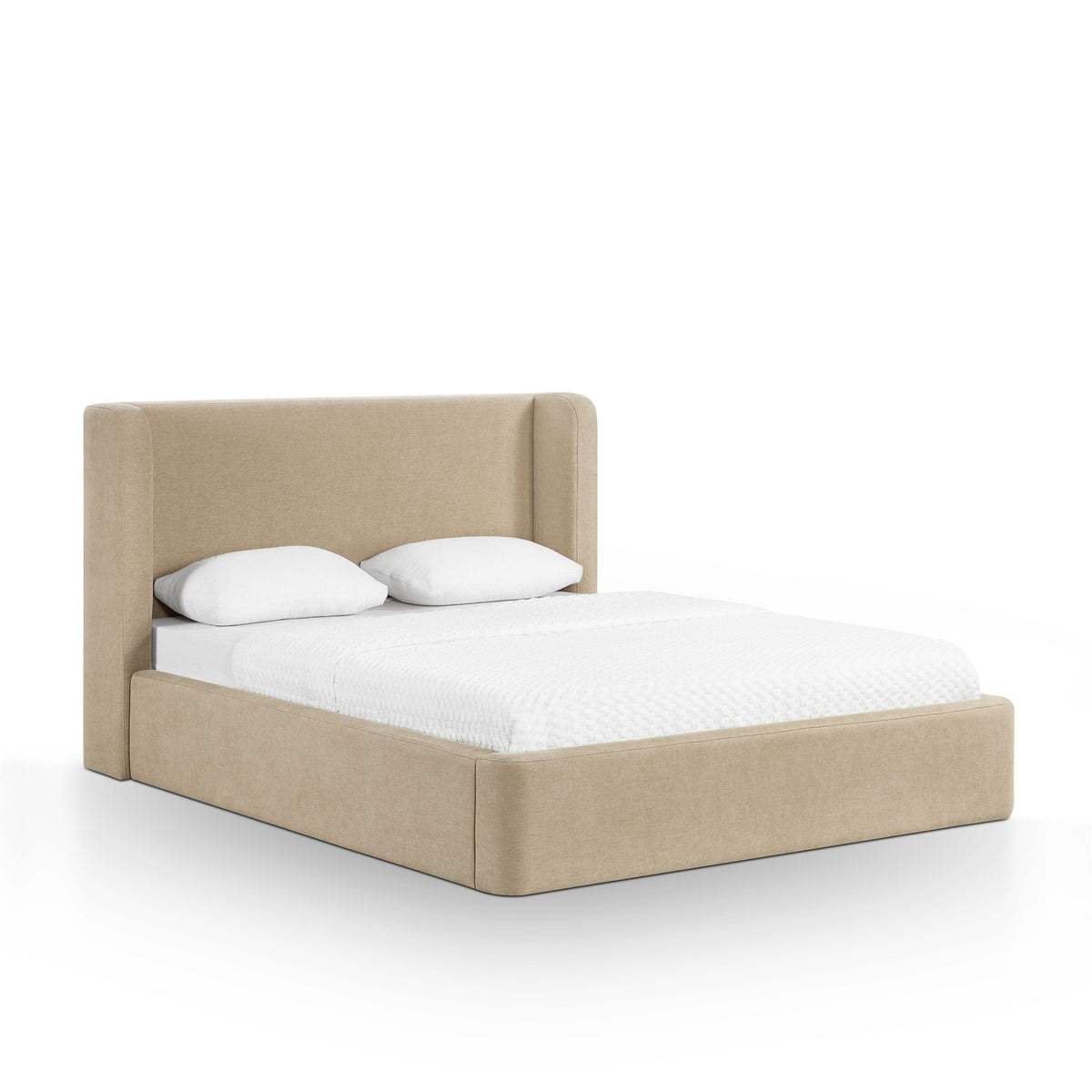 Harmony Performance Chenille Storage Bed — tan Queen configuration, styled three-quarter view.
