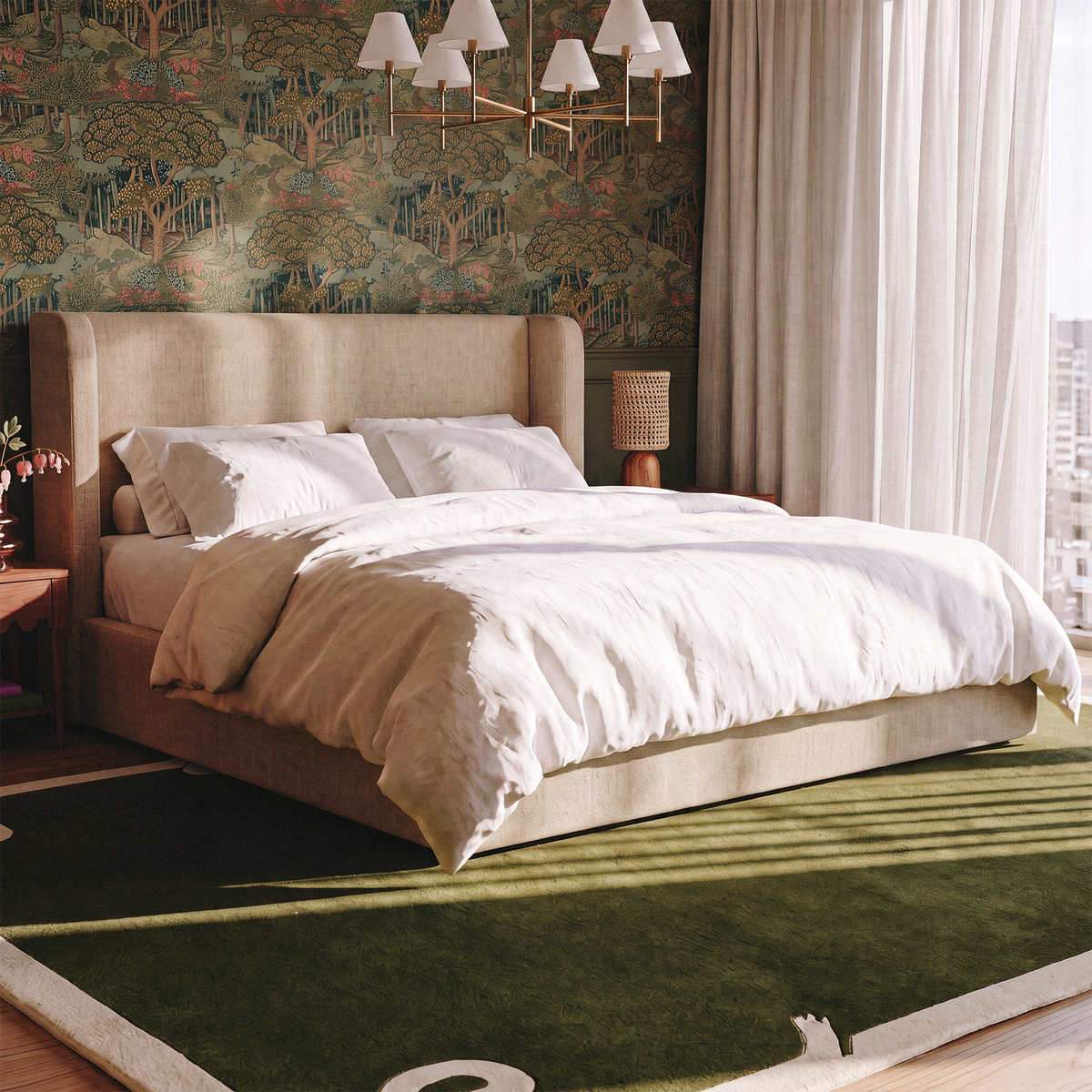 Harmony Performance Chenille Storage Bed — tan upholstery in a bedroom, angled lifestyle view.