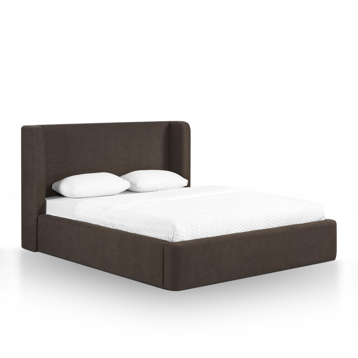 Harmony Performance Chenille Storage Bed — chocolate brown Queen configuration, styled three-quarter view.