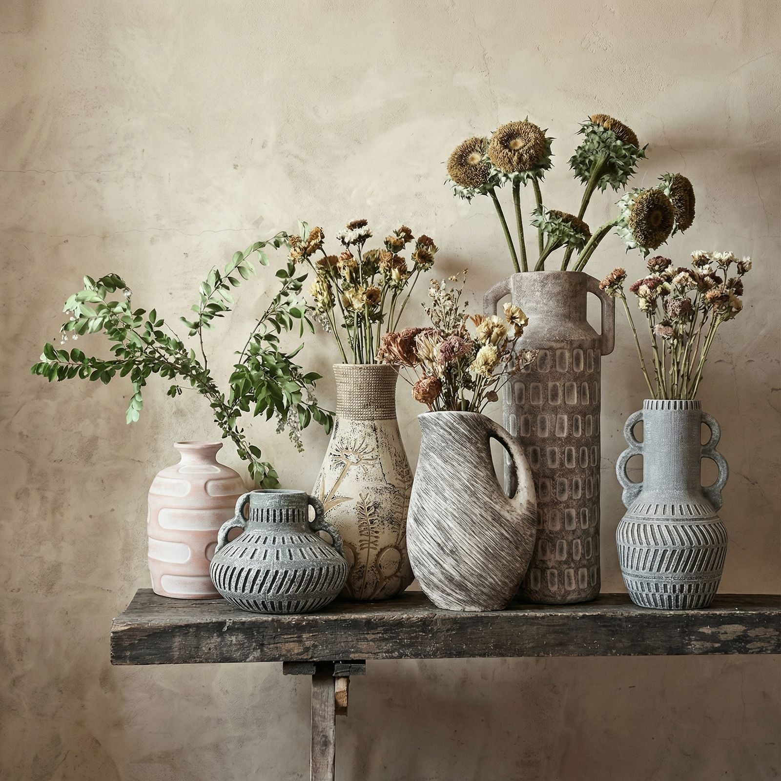Earthenware Aztec Wide Flower Vase in Blue