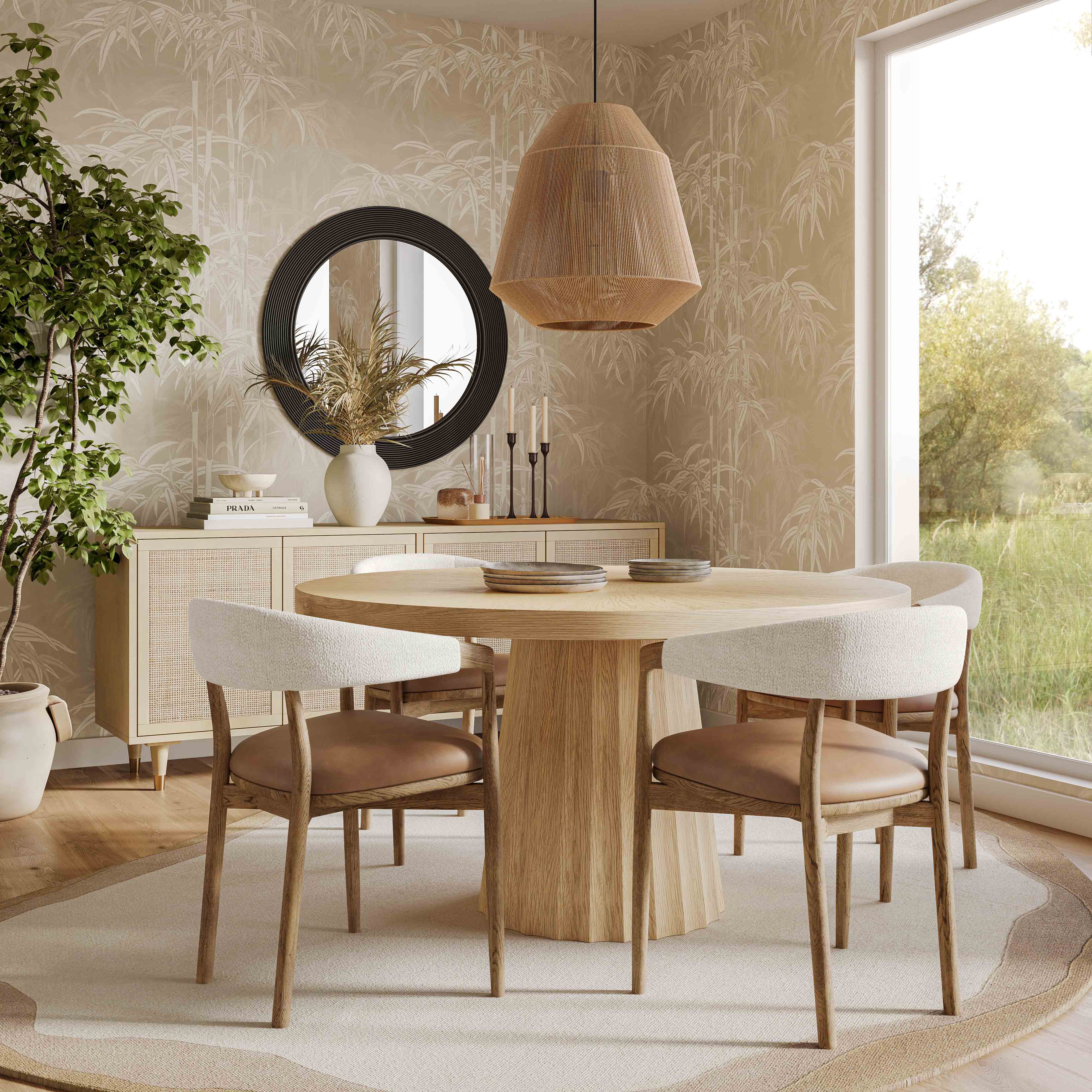 Vina Cognac Performance Vegan Leather and Cream Textured Weave Dining Chair