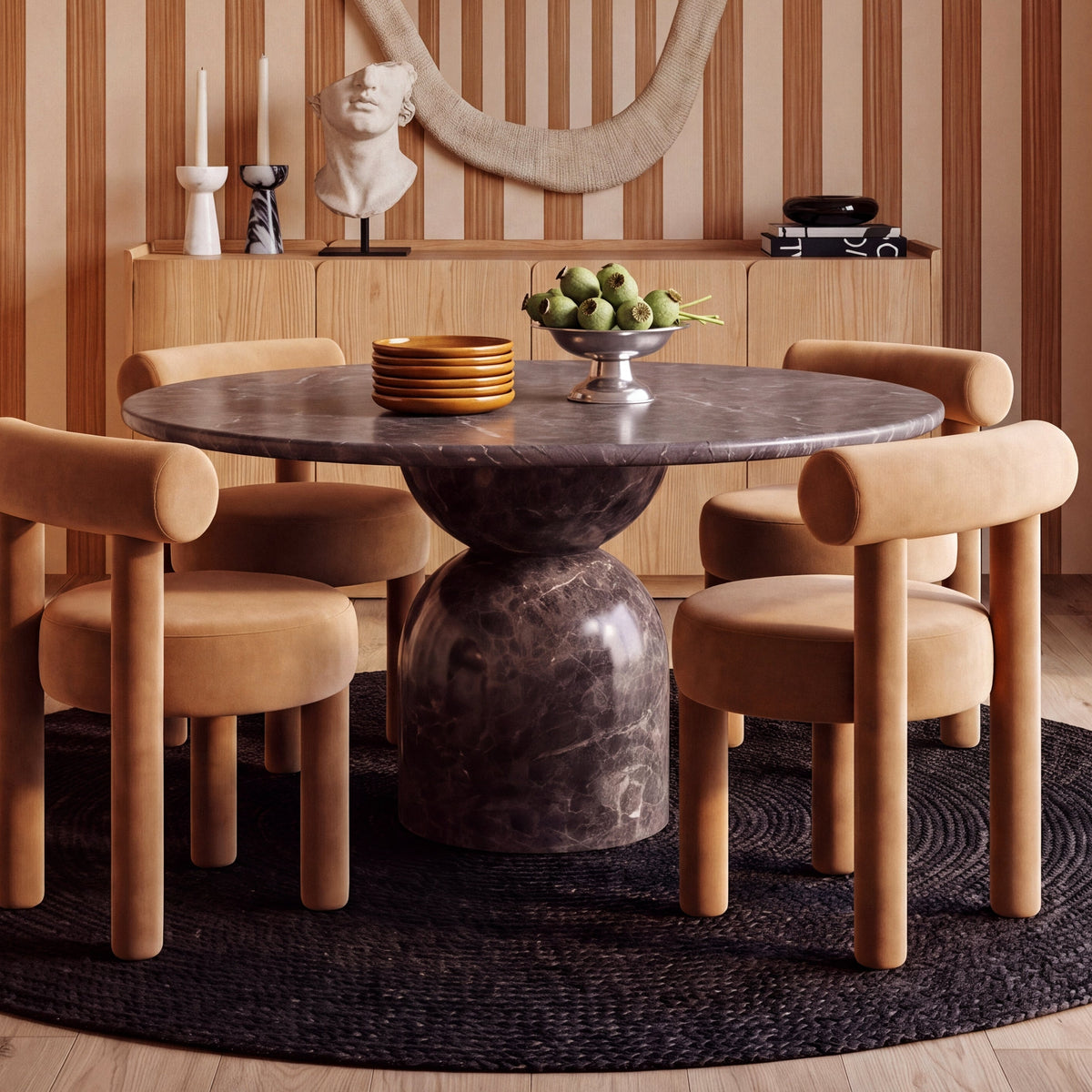 Cynthia 54" Concrete Indoor/Outdoor Dining Table by TOV Furniture — dark Emperador marble finish in a dining room