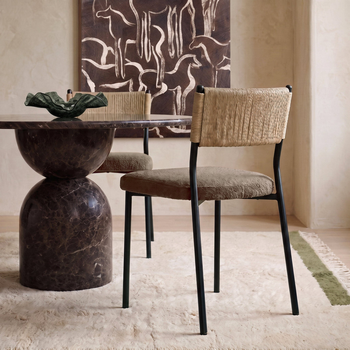 Celine Performance Boucle Dining Chair - Set of 2 by TOV Furniture — brown chair styled at a dining table.