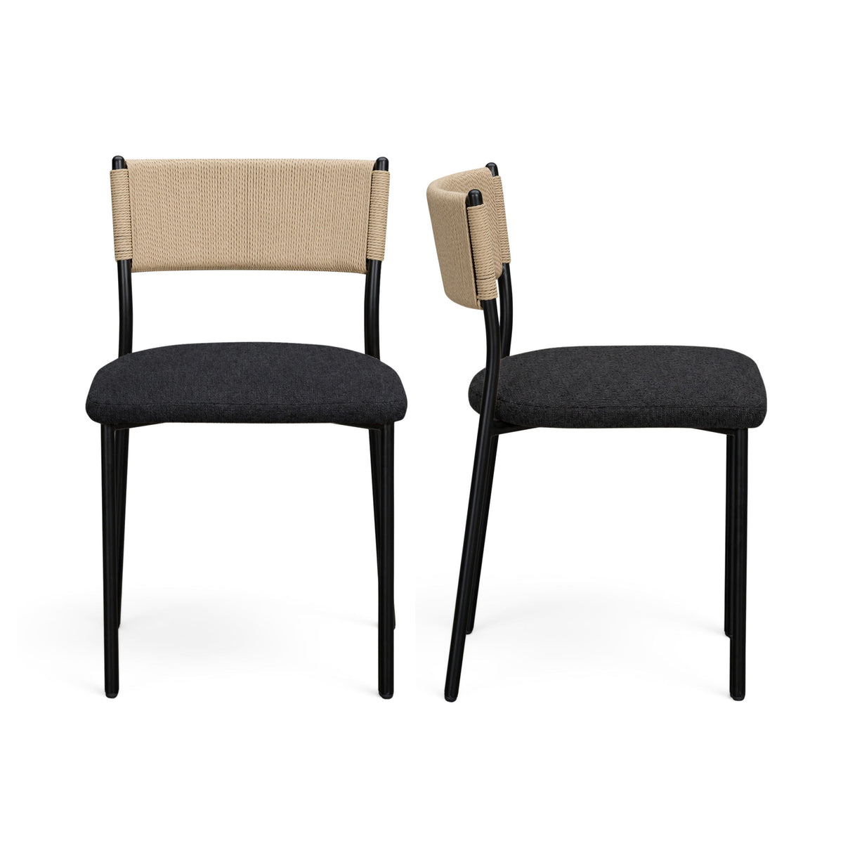 Celine Performance Boucle Dining Chair - Set of 2 by TOV Furniture — black chairs shown in front and side views.