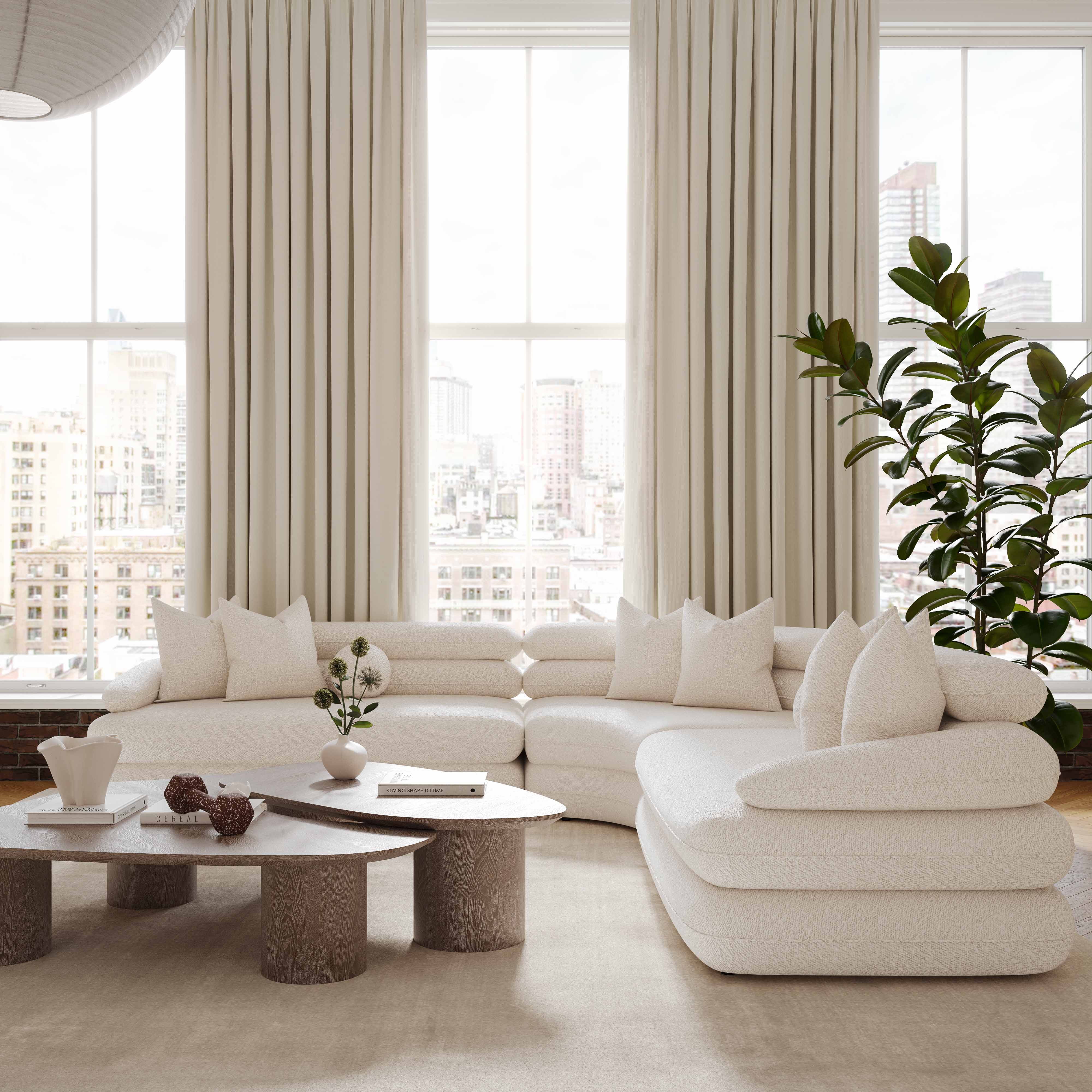 Lulu 3-Piece Cream Performance Boucle Modular Curved L-Sectional