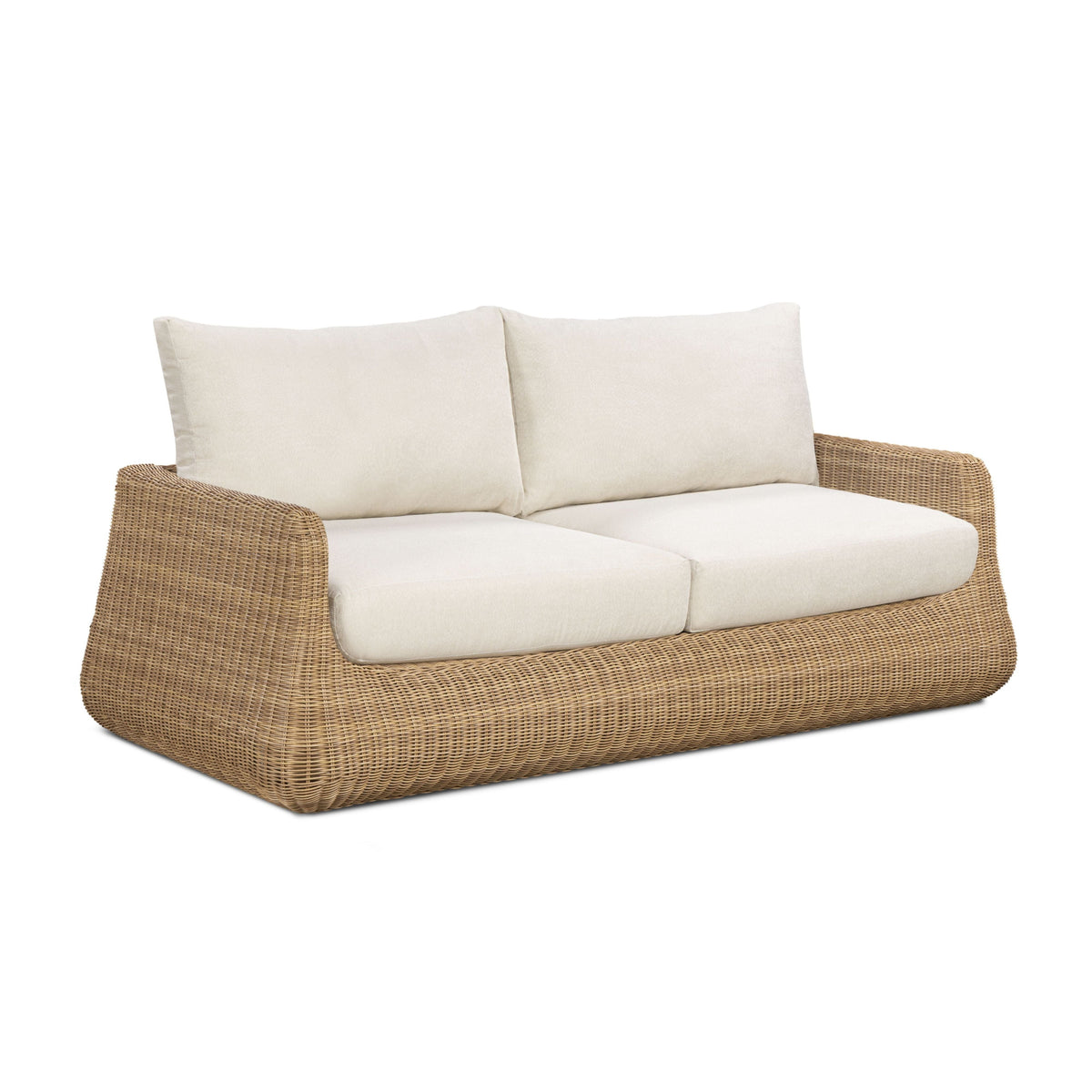 Dana 85" Outdoor Sofa by TOV Furniture — cream performance boucle cushions and resin wicker, angled front view