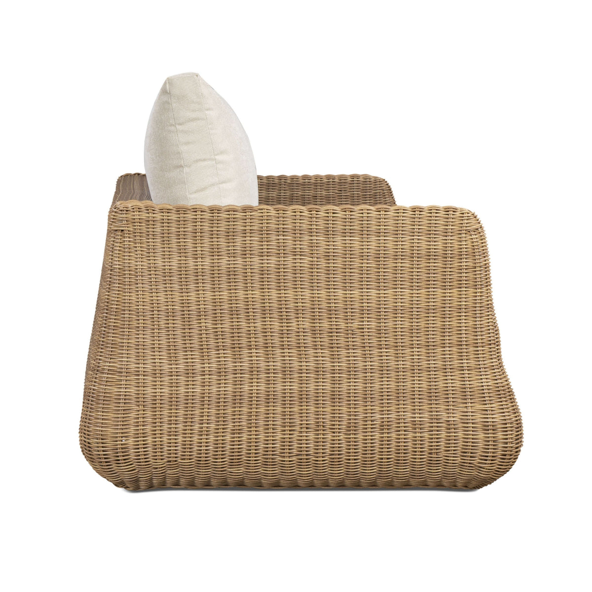 Dana 85" Outdoor Sofa by TOV Furniture — cream performance boucle cushions and resin wicker, side view