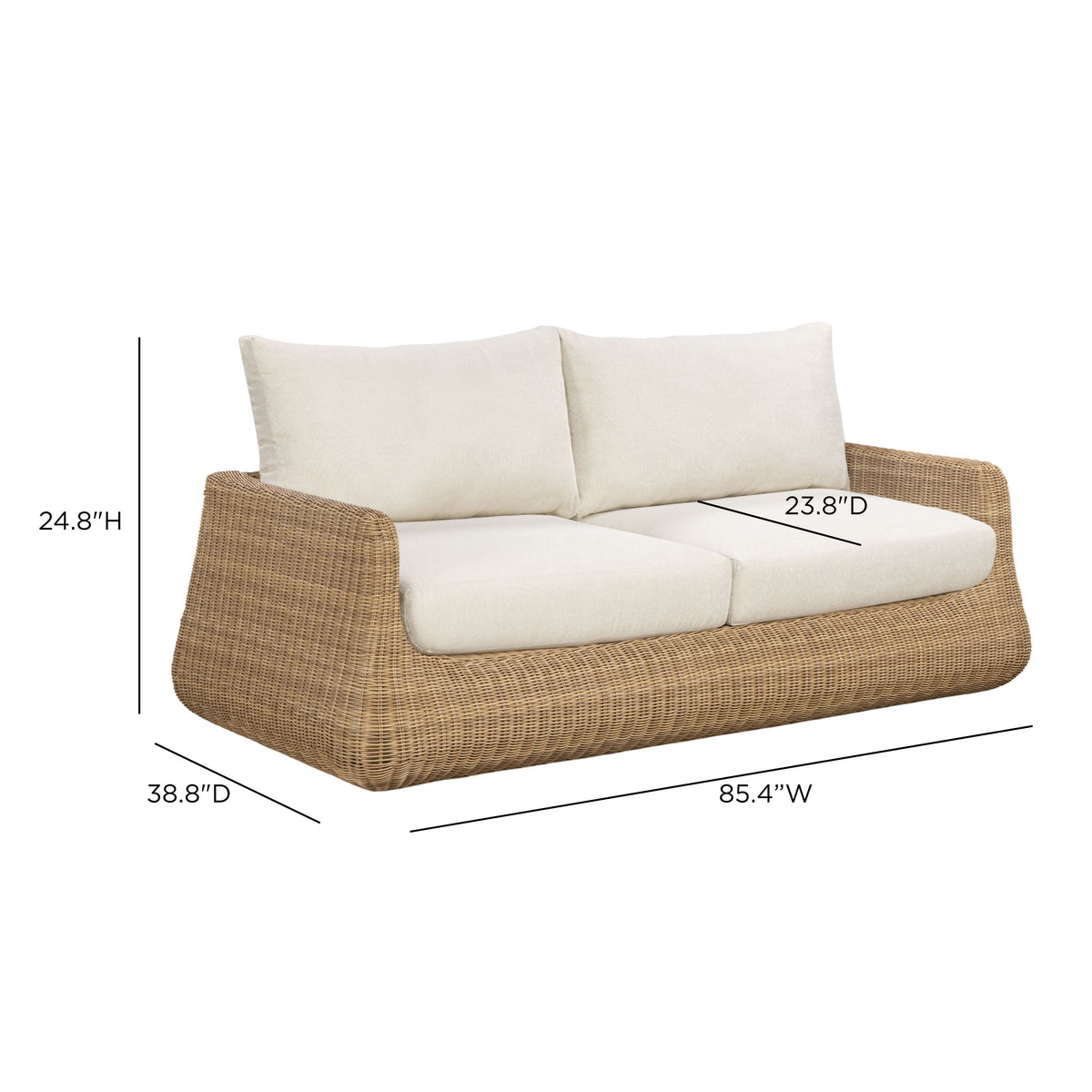 Dana 85" Outdoor Sofa by TOV Furniture — cream cushions and resin wicker dimensional diagram