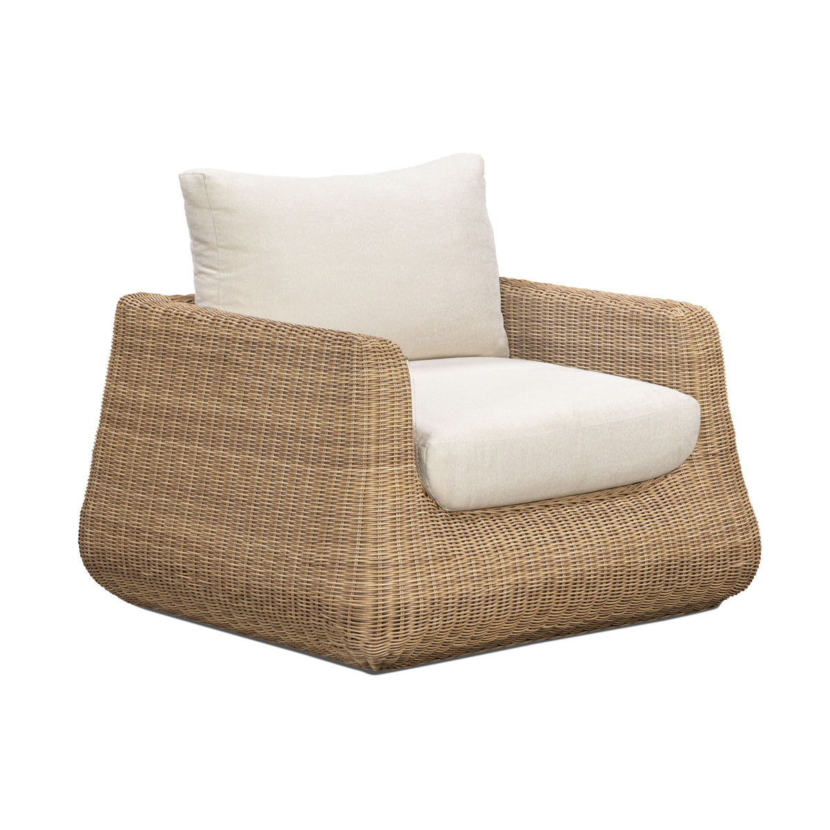 Dana Outdoor Accent Chair by TOV Furniture — cream performance boucle cushions and resin wicker, angled front view