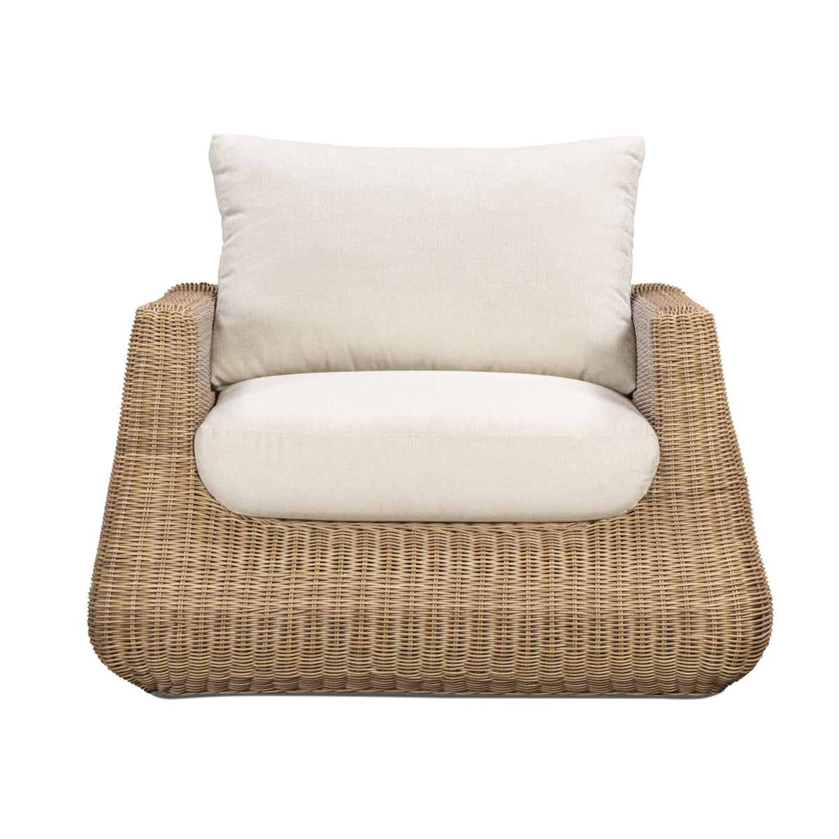 Dana Outdoor Accent Chair by TOV Furniture — cream performance boucle cushions and resin wicker, front view