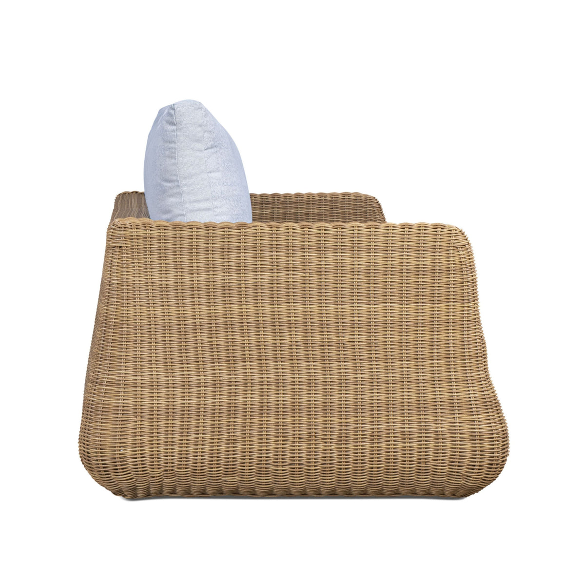 Dana 85" Outdoor Sofa by TOV Furniture — blue performance boucle cushions and resin wicker, side view