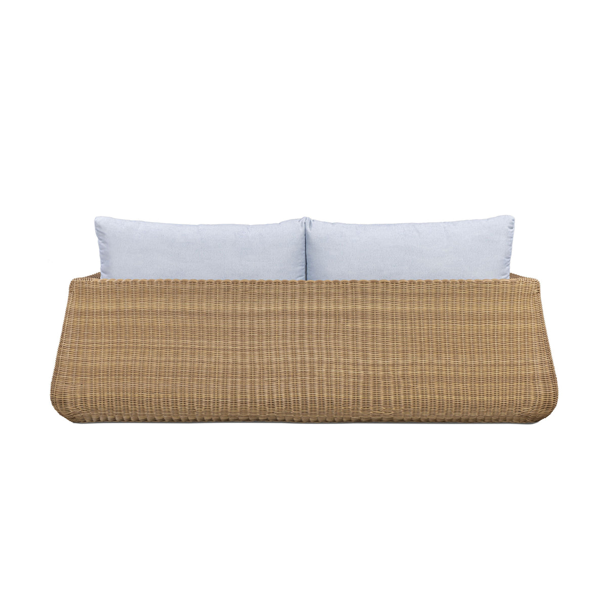 Dana 85" Outdoor Sofa by TOV Furniture — blue performance boucle cushions and resin wicker, rear view