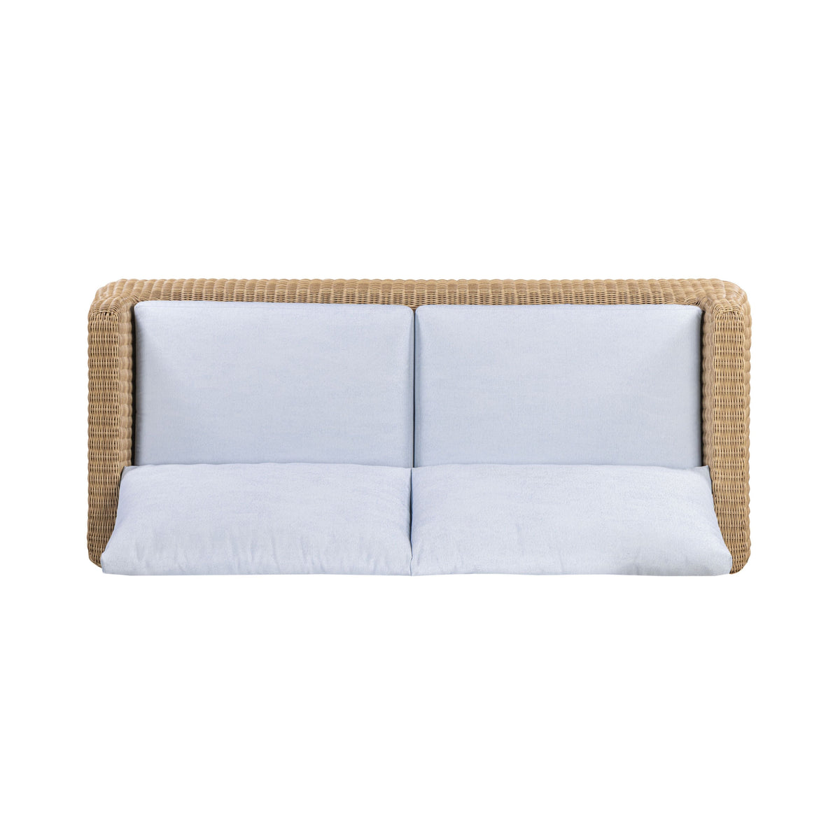 Dana 85" Outdoor Sofa by TOV Furniture — blue performance boucle cushions and resin wicker, high-angle view