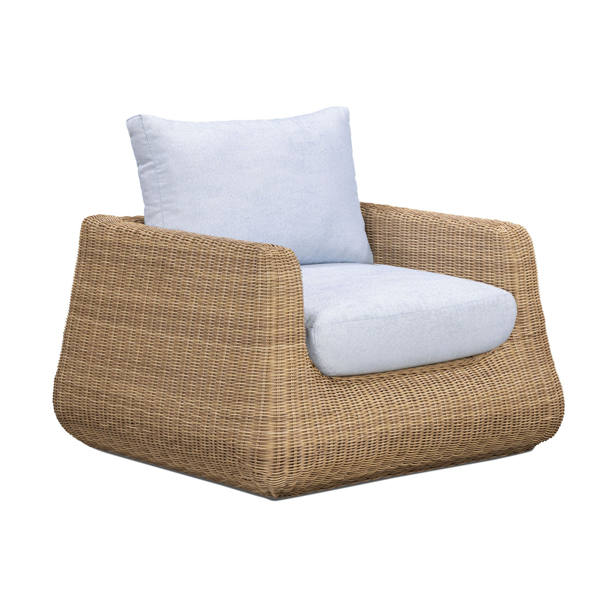 Dana Outdoor Accent Chair by TOV Furniture — blue performance boucle cushions and resin wicker, angled front view