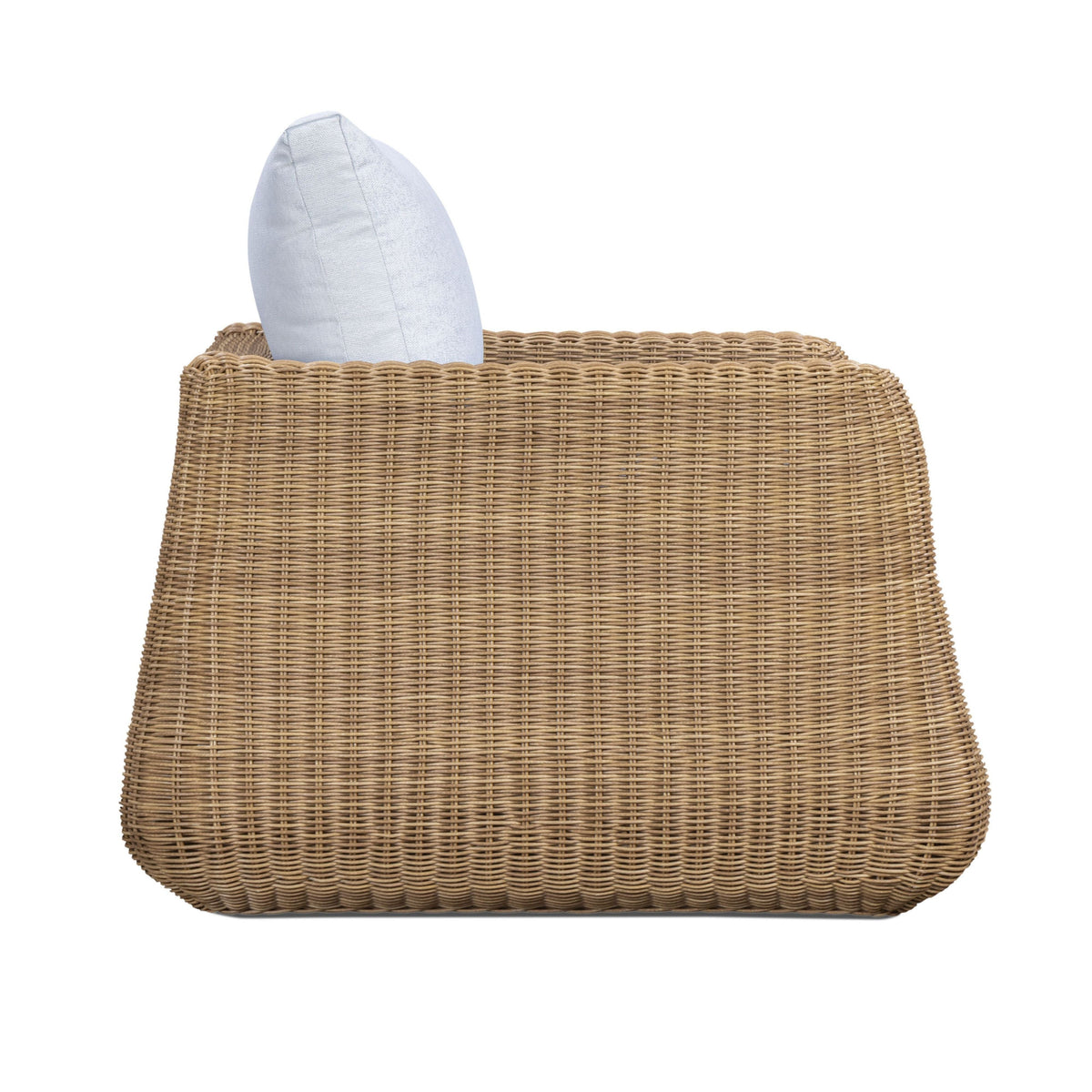 Dana Outdoor Accent Chair by TOV Furniture — blue performance boucle cushions and resin wicker, side view