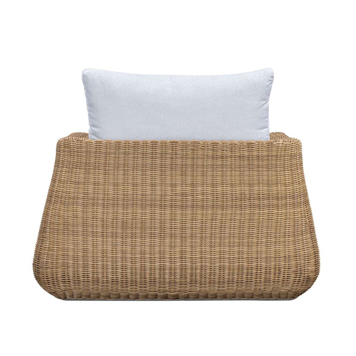 Dana Outdoor Accent Chair by TOV Furniture — blue performance boucle cushions and resin wicker, rear view