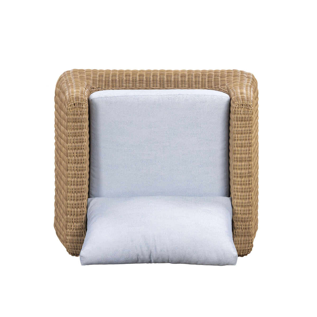 Dana Outdoor Accent Chair by TOV Furniture — blue performance boucle cushions and resin wicker, high-angle view