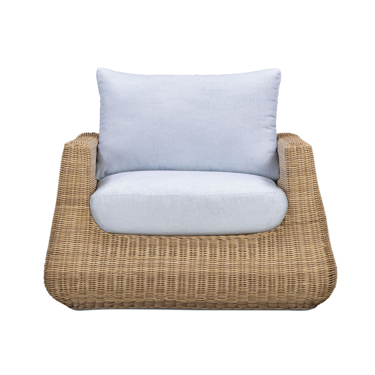 Dana Outdoor Accent Chair by TOV Furniture — blue performance boucle cushions and resin wicker, front view