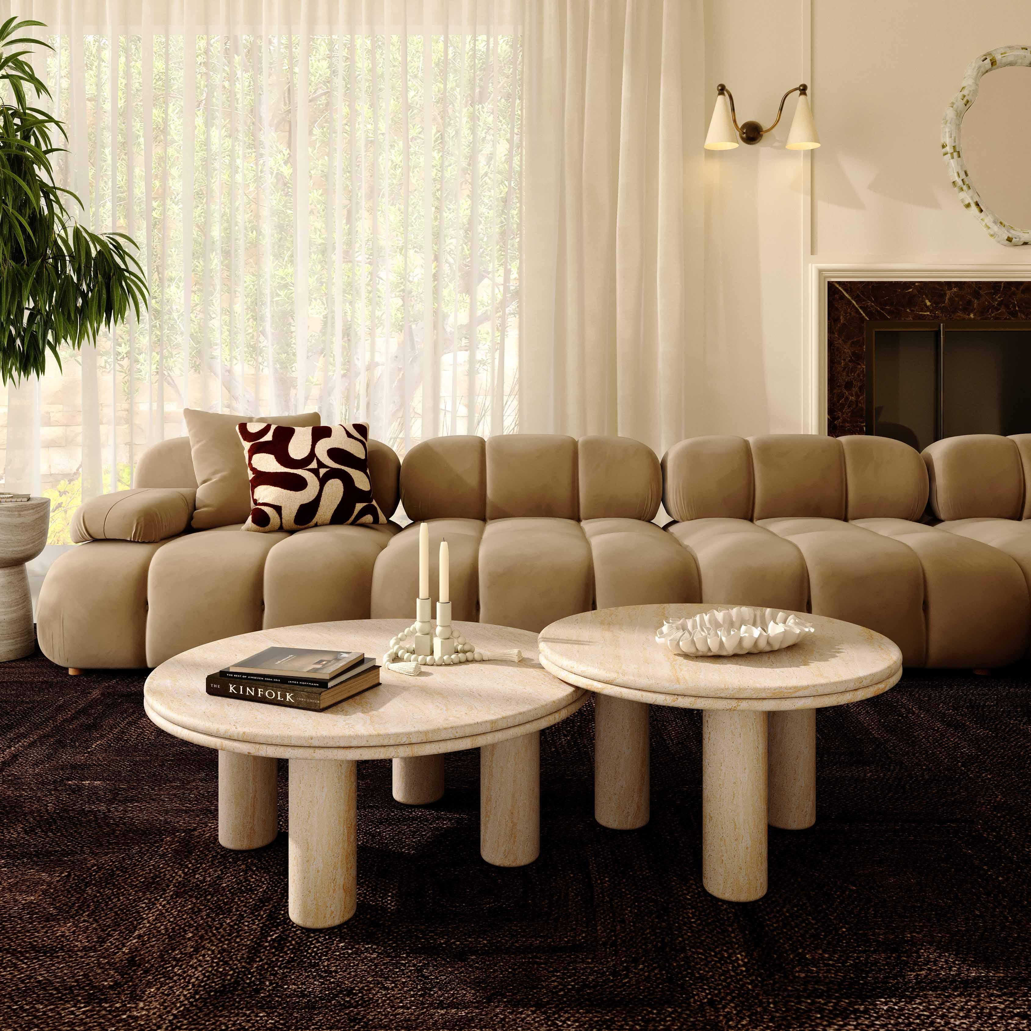 Amora 26"-32" Faux Travertine Indoor/Outdoor Round Accent Table