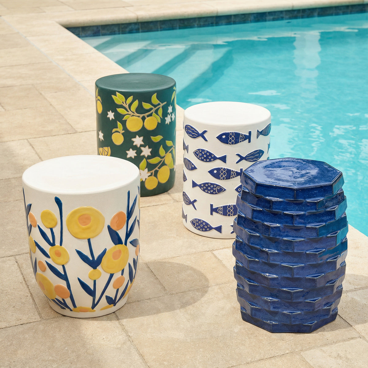 Tempest Indoor/Outdoor Ceramic Table in Blue Fish