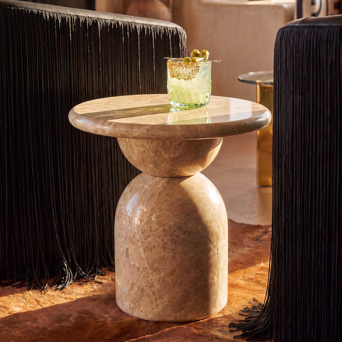 Cynthia Concrete Indoor/Outdoor Side Table by TOV Furniture — light Emperador marble finish in a lounge setting
