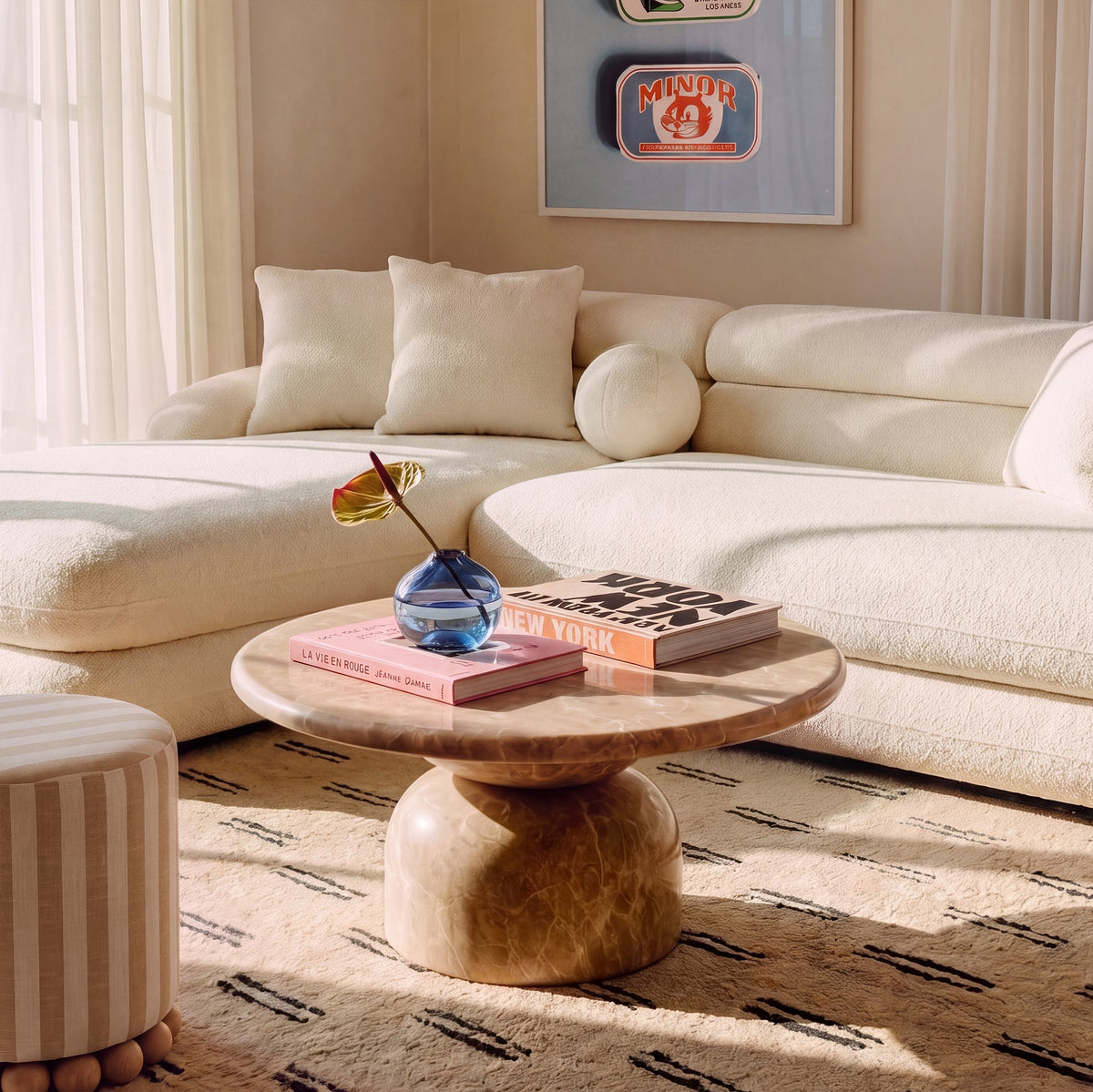 Cynthia 36" Concrete Indoor/Outdoor Coffee Table by TOV Furniture — light Emperador marble finish in a living room