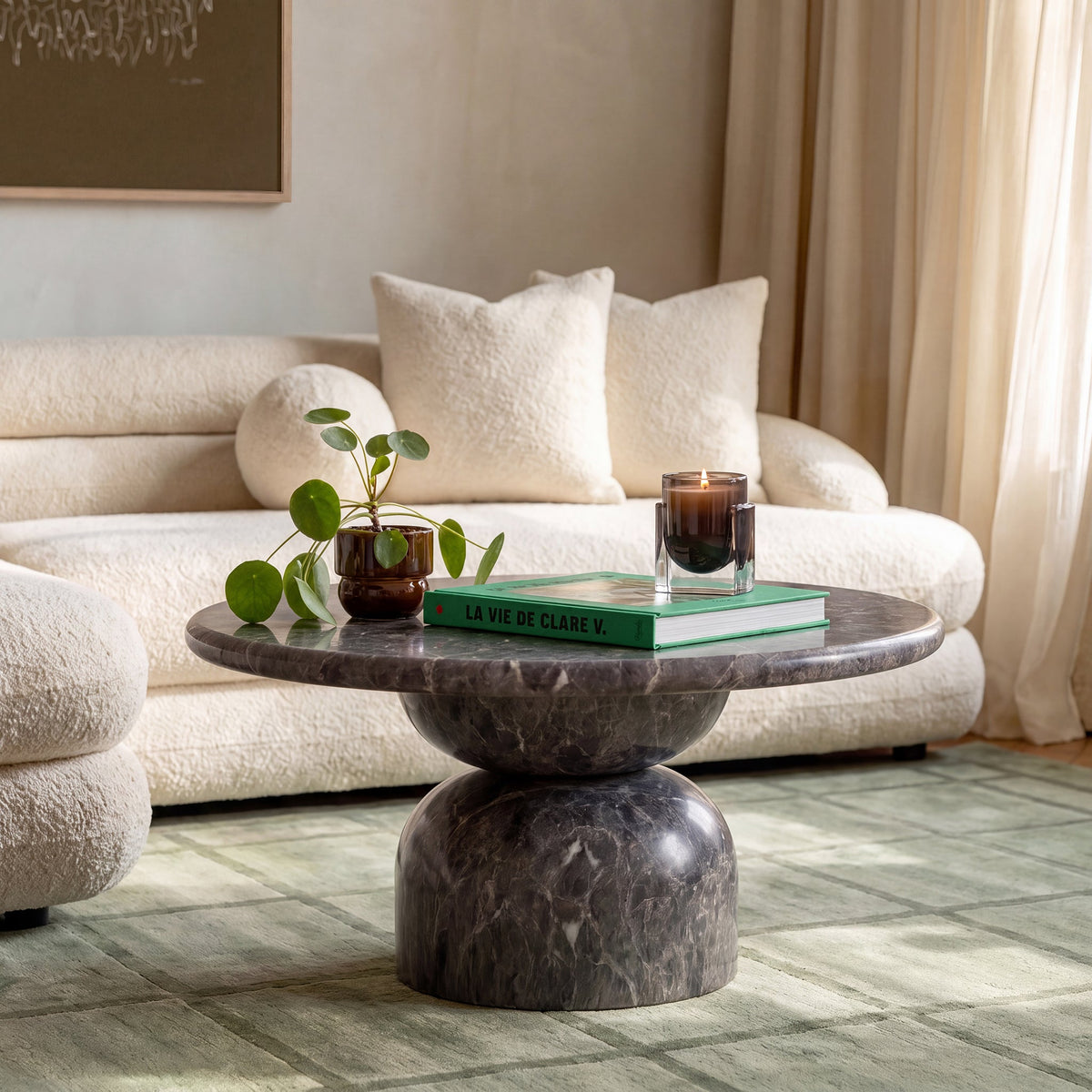 Cynthia 36" Concrete Indoor/Outdoor Coffee Table by TOV Furniture — dark Emperador marble finish in a living room