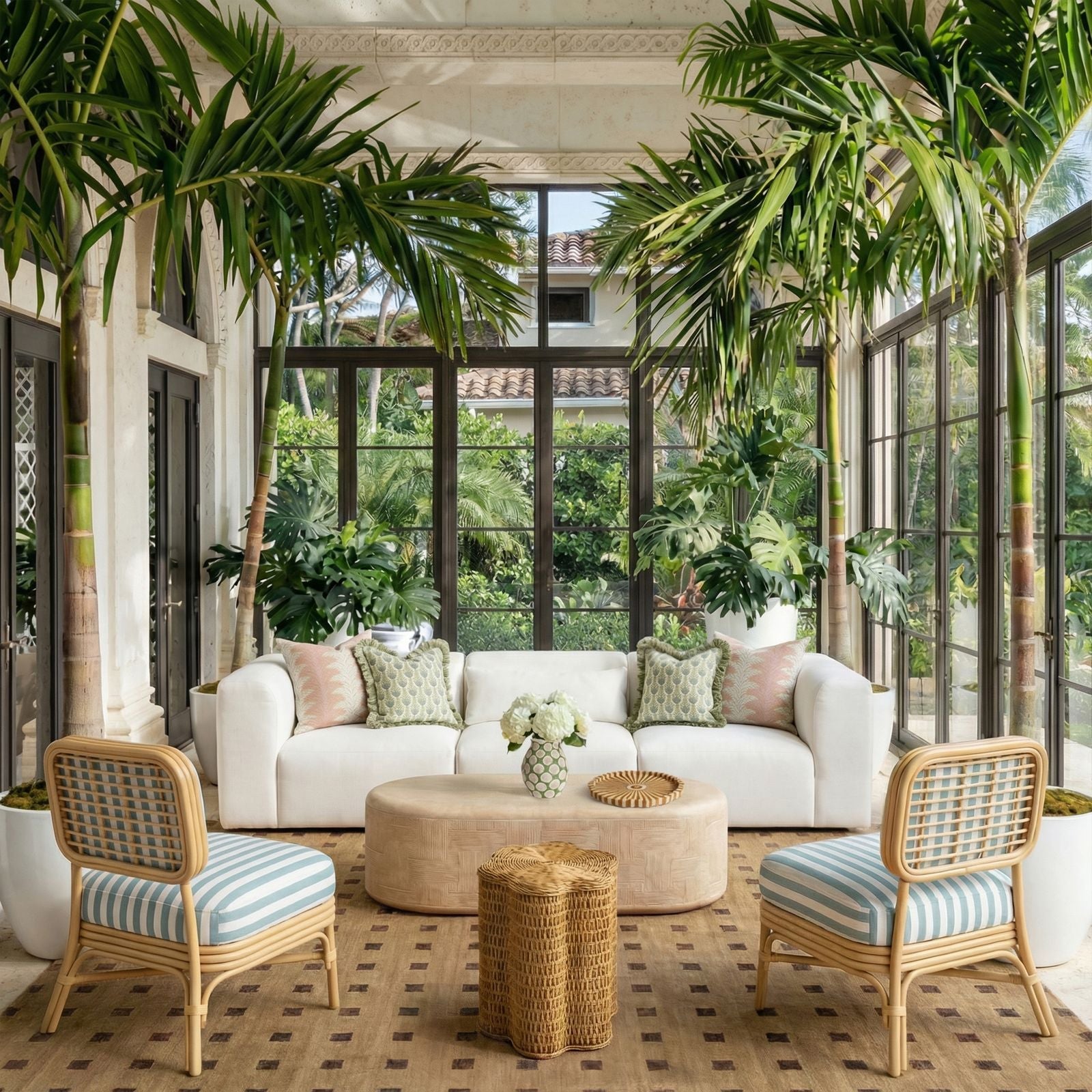 Dorine Striped Performance Linen and Rattan Accent Chair