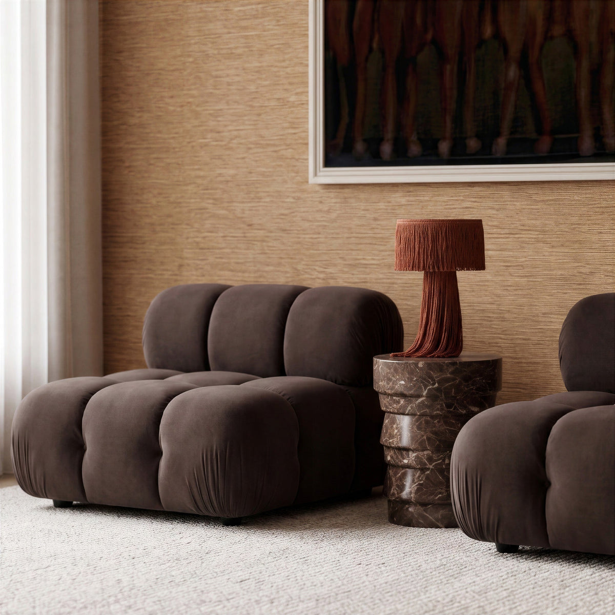 Calliope Performance Modular Armless Chair by TOV Furniture — dark brown chair in a living room setting