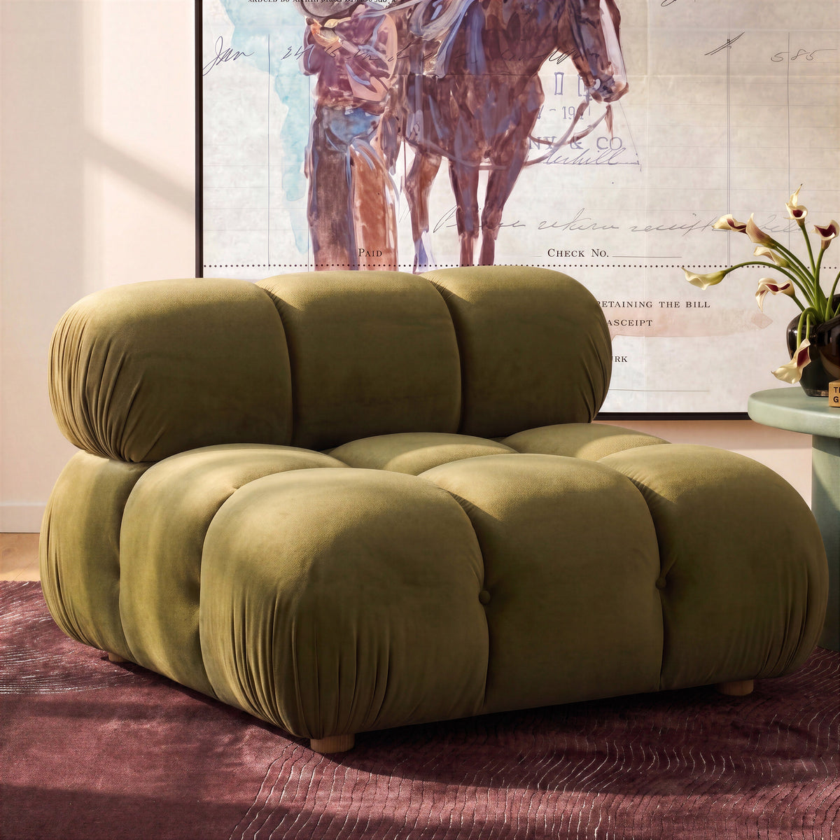 Calliope Performance Modular Armless Chair by TOV Furniture — olive green chair in a living room setting