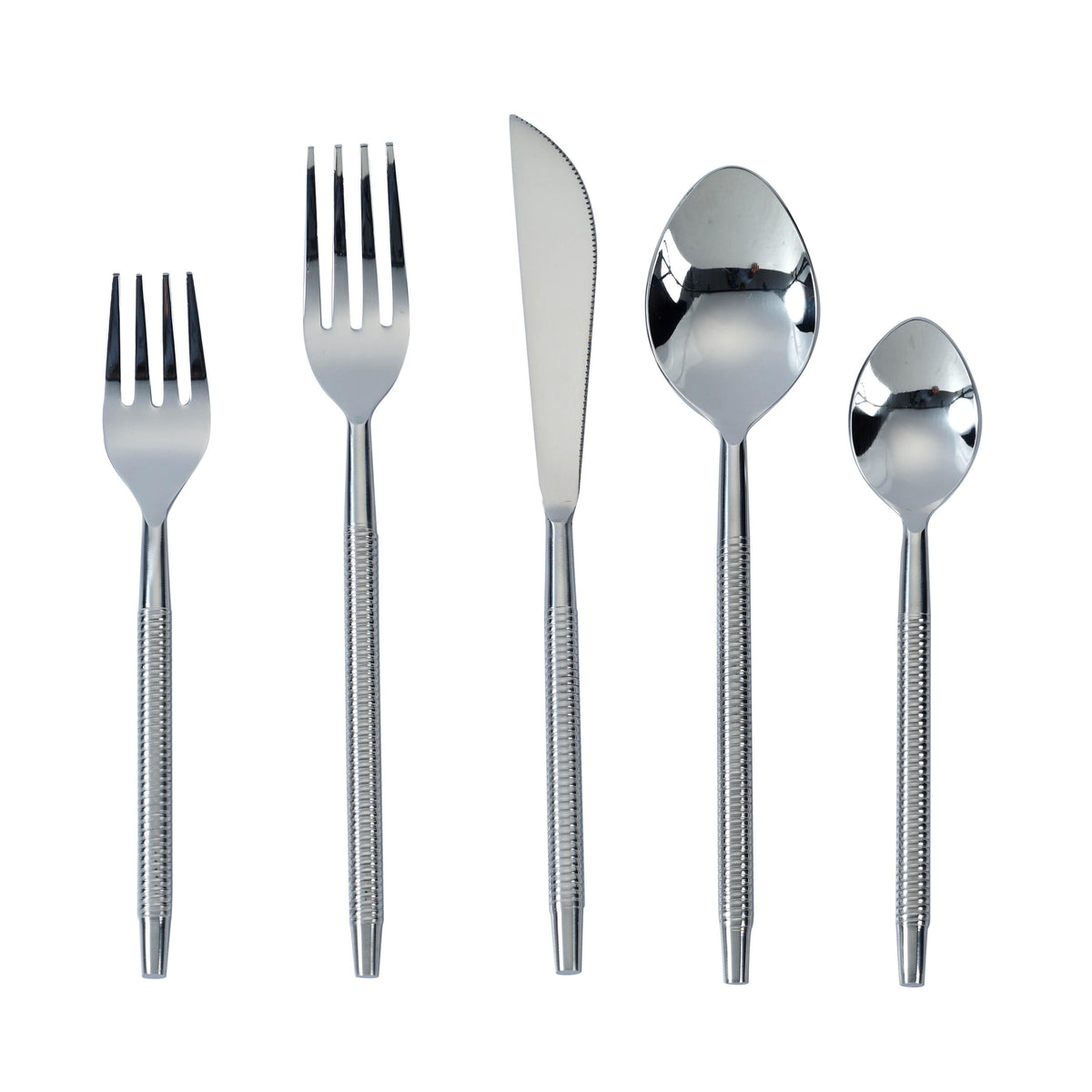 Ribbed Silver Stainless Steel Flatware - Set of 5 Pieces