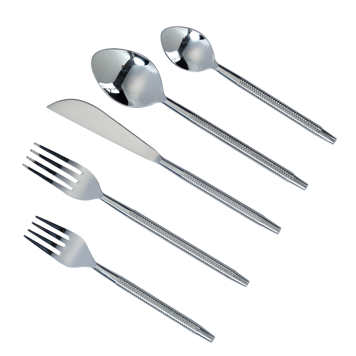 Ribbed Silver Stainless Steel Flatware - Set of 5 Pieces
