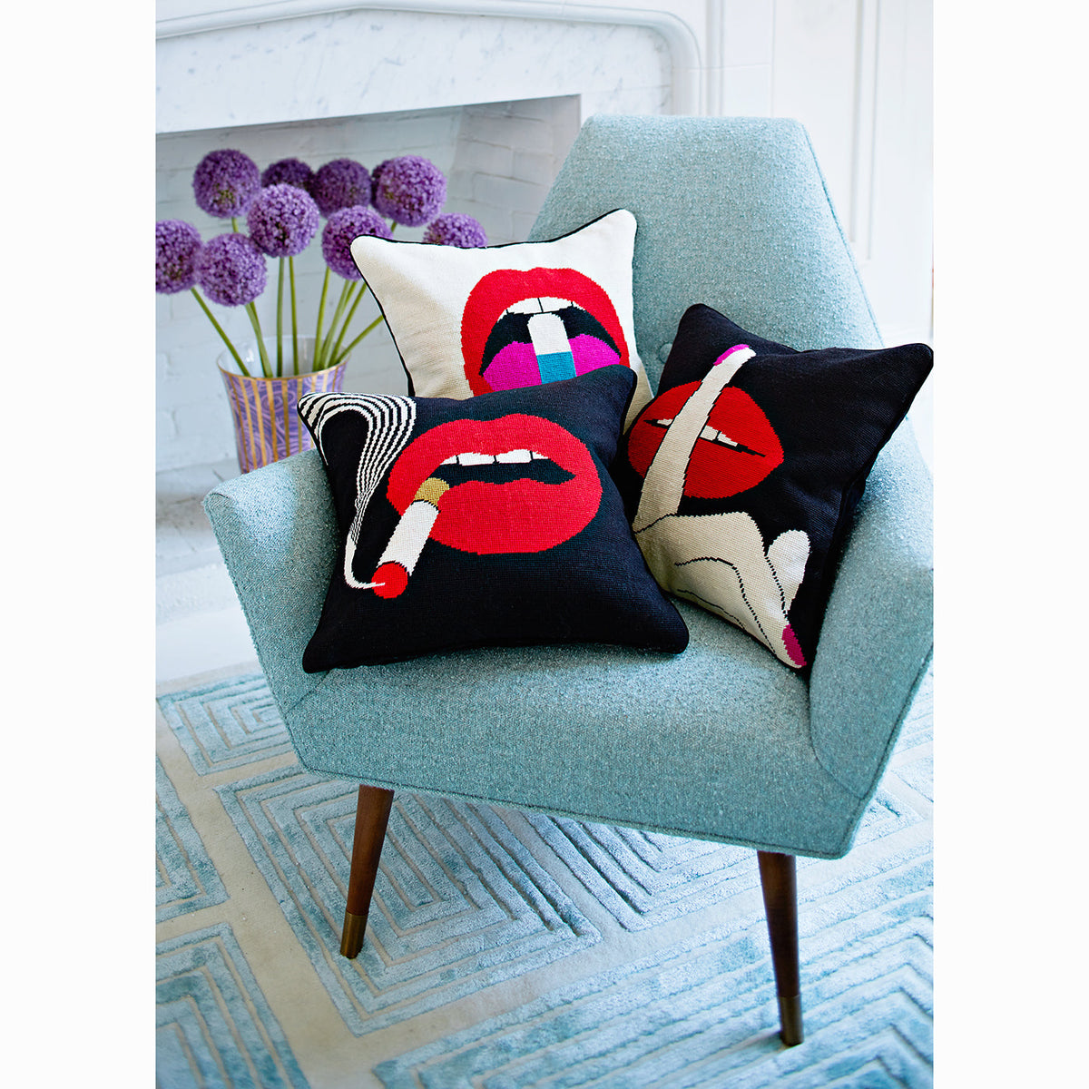 Lips Hush Needlepoint Pillow
