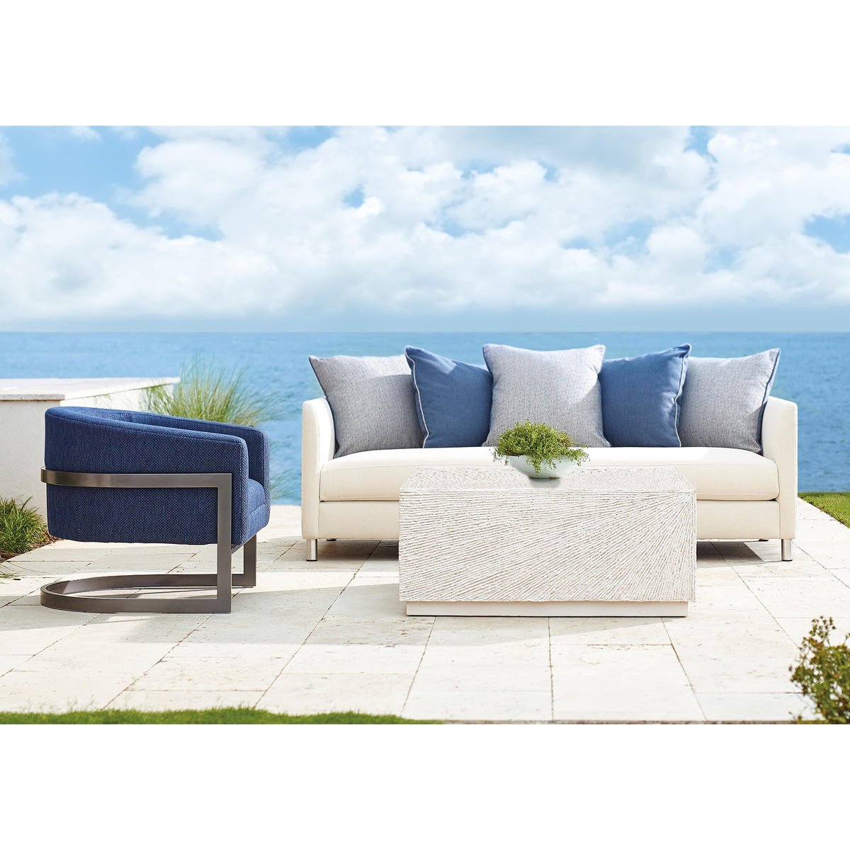 Tenerife Square Coco Twig Outdoor Cocktail Table by Bernhardt in an outdoor lounge setting