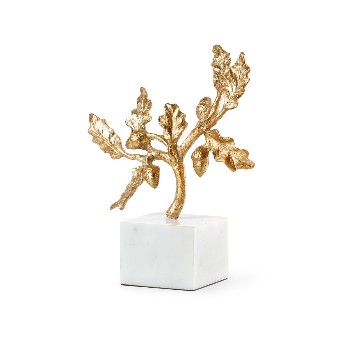 Acorn Statue by Villa & House — gold-leaf oak branch with clustered acorns on a Carrara marble base, angled studio view