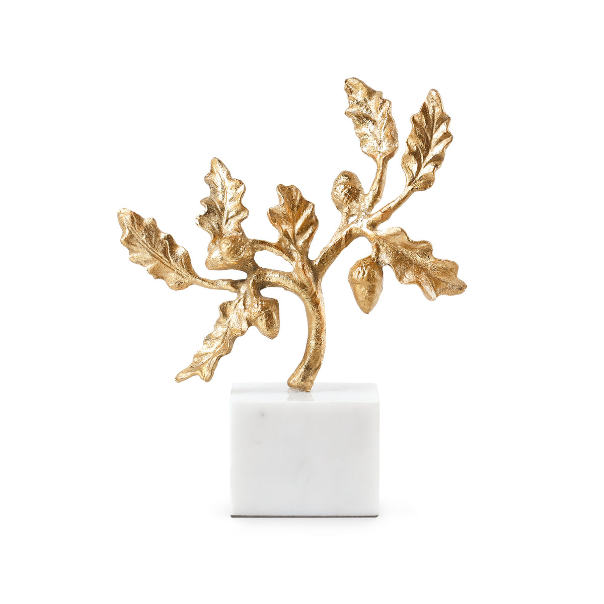 Acorn Statue by Villa & House — gold-leaf oak branch with clustered acorns on a Carrara marble base, front studio view