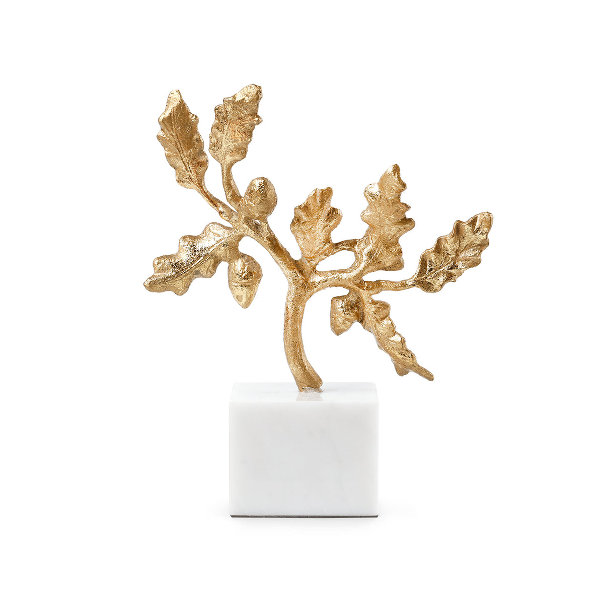 Acorn Statue by Villa & House — gold-leaf oak branch on a Carrara marble base, reverse view highlighting sculpted leaves and acorns